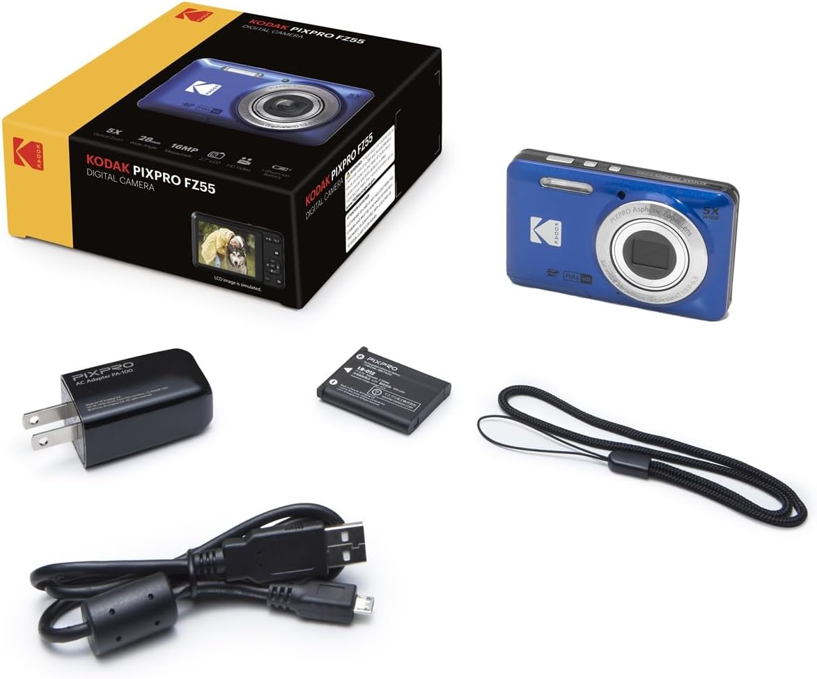 Kodak PIXPRO FZ55 Digital Camera (Blue) + 32GB Memory Card + Point and Shoot Camera Case + Extendable Monopod + Lens Cleaning Pen + LCD Screen Protectors + Table Top Tripod – Ultimate Bundle