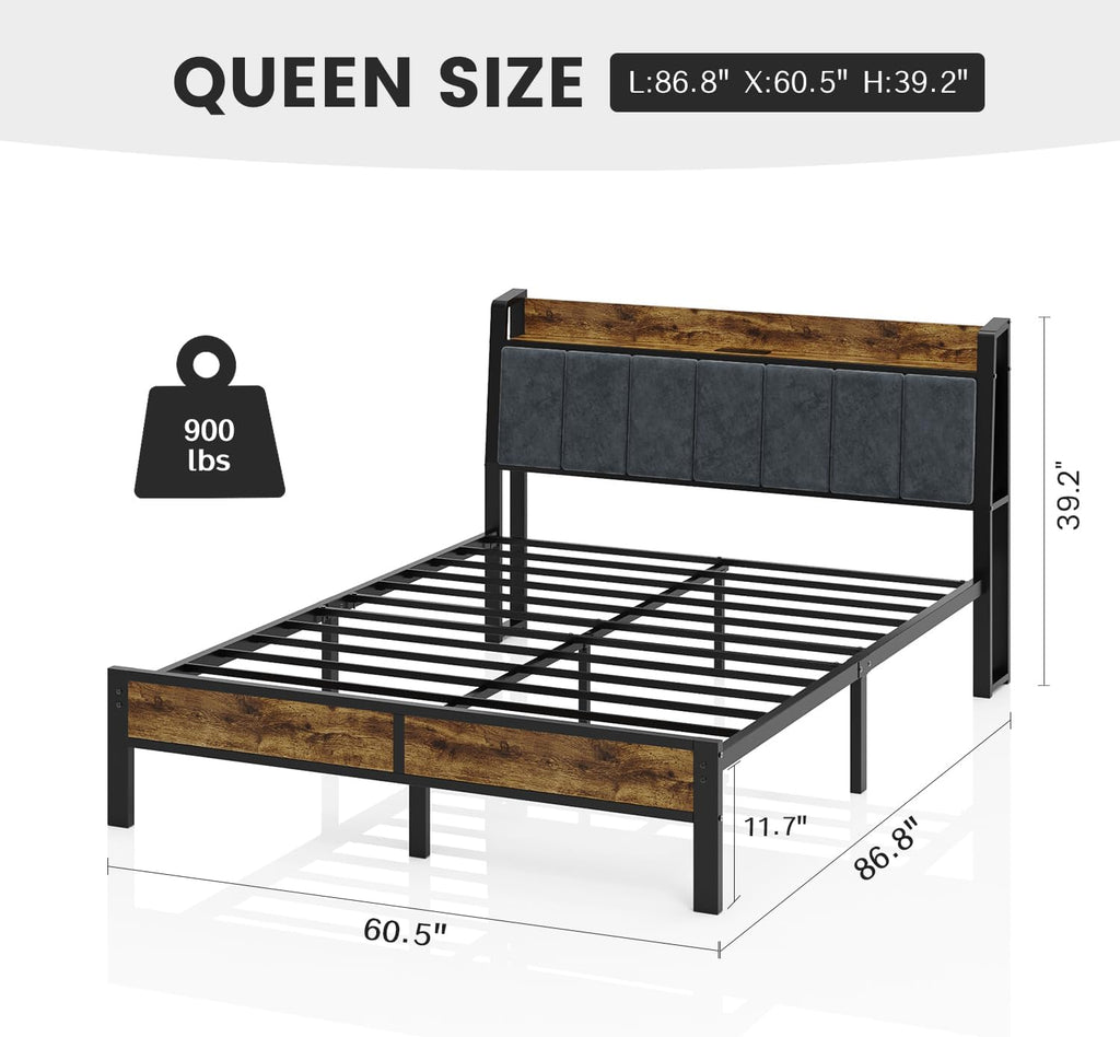 Queen Size Bed Frame with Wood Headboard, Metal Platform Bed with USB Charging Station and Smart LED Lights, No Box Spring Needed, Easy Assembly