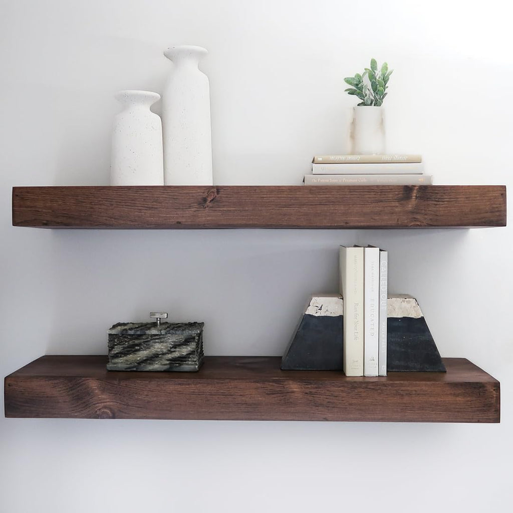 Urbandi Modern Floating Shelves 3 Inches Thick for Wall, Wide Shelves for Kitchen, Living Room, Bedroom, and Bathroom, Natural Pine Wood, Rustic Wooden Shelf, (Set of 2) (Provincial, 36Lx3Hx6D)