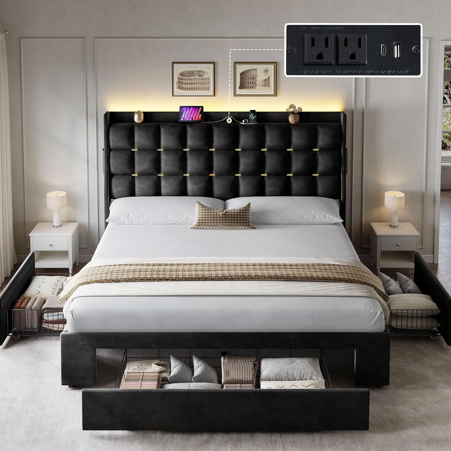 DWVO Queen Size Bed Frame with 3 Storage Drawers and RGB LED Lights, Velvet Upholstered Bed with Charging Station and Storage Headboard, No Box Spring Needed, Easy Assembly, Noise-Free, Black