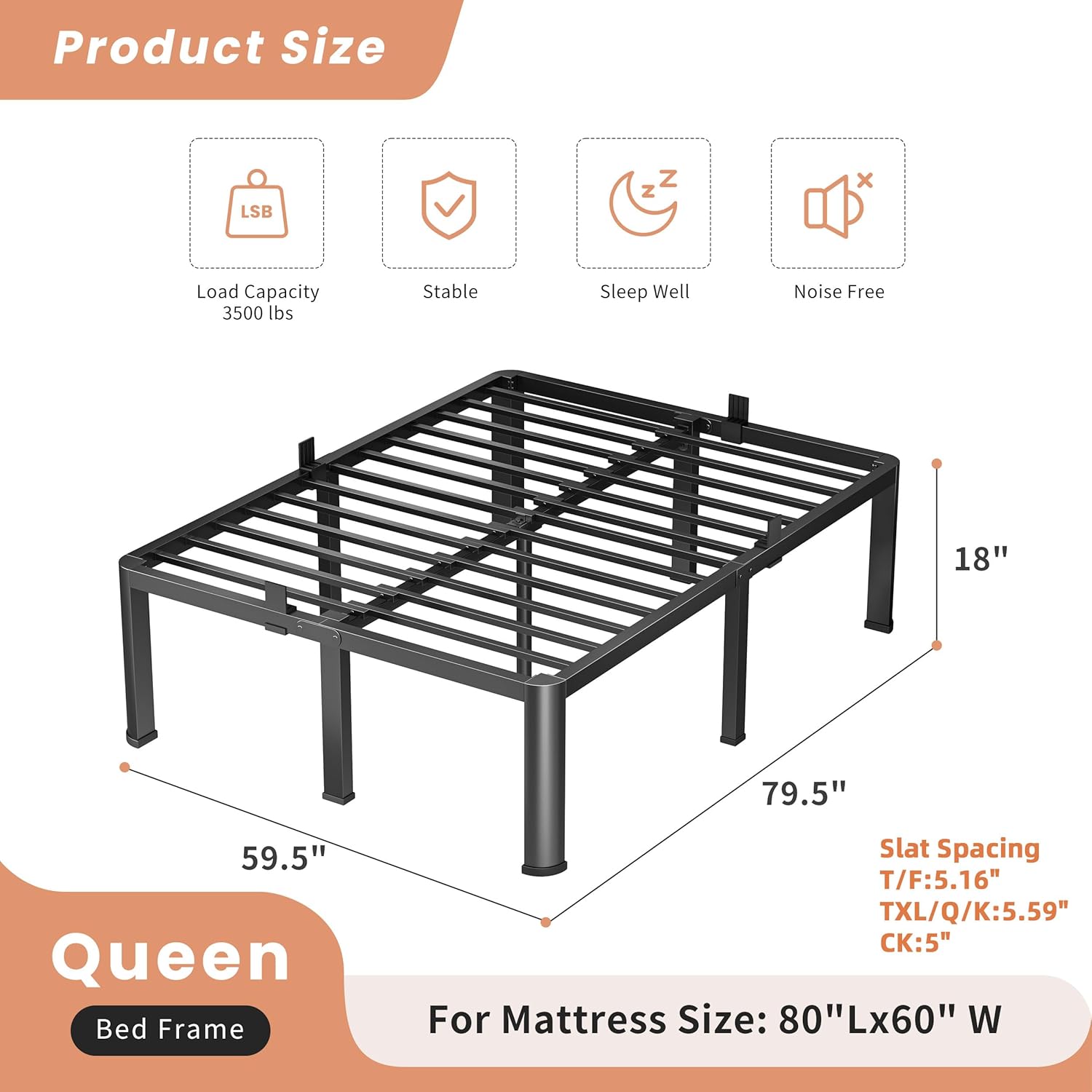 VIPSHOW 18 Inch Queen Heavy Duty 3500 lbs Bed Frame with Round-Corner Legs & Anti-Squeak Design – Quick Assembly Metal Platform, No Box Spring Needed