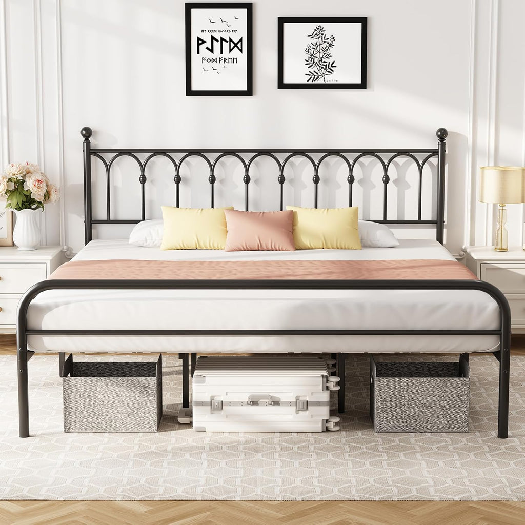 DUMOS King Size Bed Frame with Iron-Art Headboard, Heavy Duty Metal Platform Bed, 11.9" Under-Bed Storage, No Box Spring Needed, Easy Assembly, Modern Black