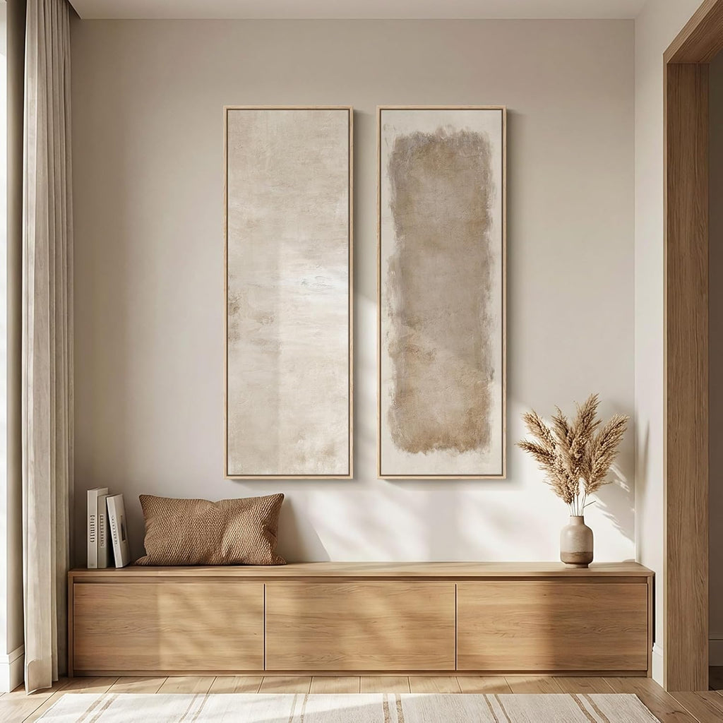 Long Narrow Framed Neutral Abstract Vertical Wall Art, 2 Piece Modern Canvas Prints Paintings Artwork for Walls, Tall Beige Cream Minimalist Pictures for Living Room Bedroom Hallway Entryway Wall Decor
