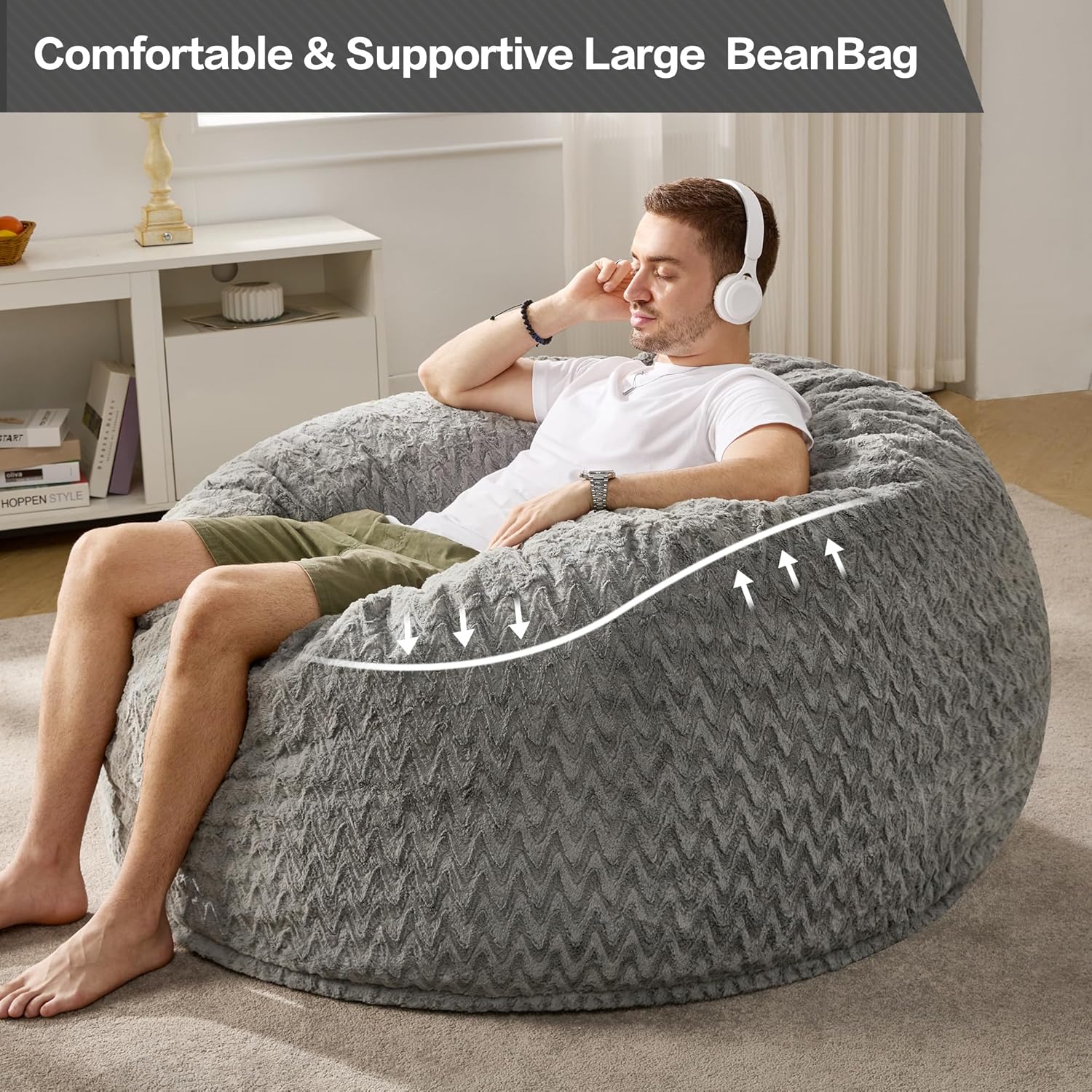 Hobestluk 4ft Bean Bag Chairs for Adults Large Beanbag Chair with Chevron Plush Fur Cover Big Bean Bag Chair for Living Room Bedroom Dorm Office - Grey (44” x 44” x 24”)