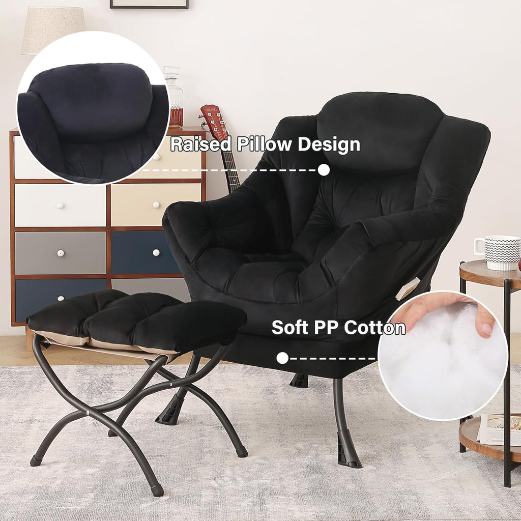 Tiita Lazy Chair with Ottoman, Black Modern Large Accent Chair, Comfy Leisure Sofa Armchair with Ottoman, Reading Chair with Footrest for Bedroom, Living Room, Dorm Rooms, Velvet Black