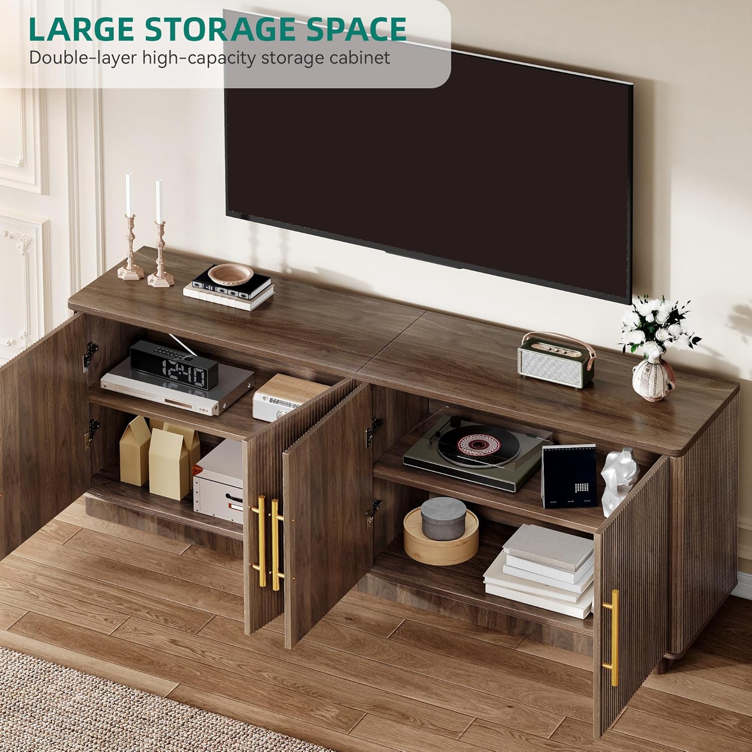 YITAHOME TV Stand for TVs up to 80 Inches, Media Console with 4 Fluted Doors, 70" Entertainment Center with Ample Storage for Living Room(Natural Oak)