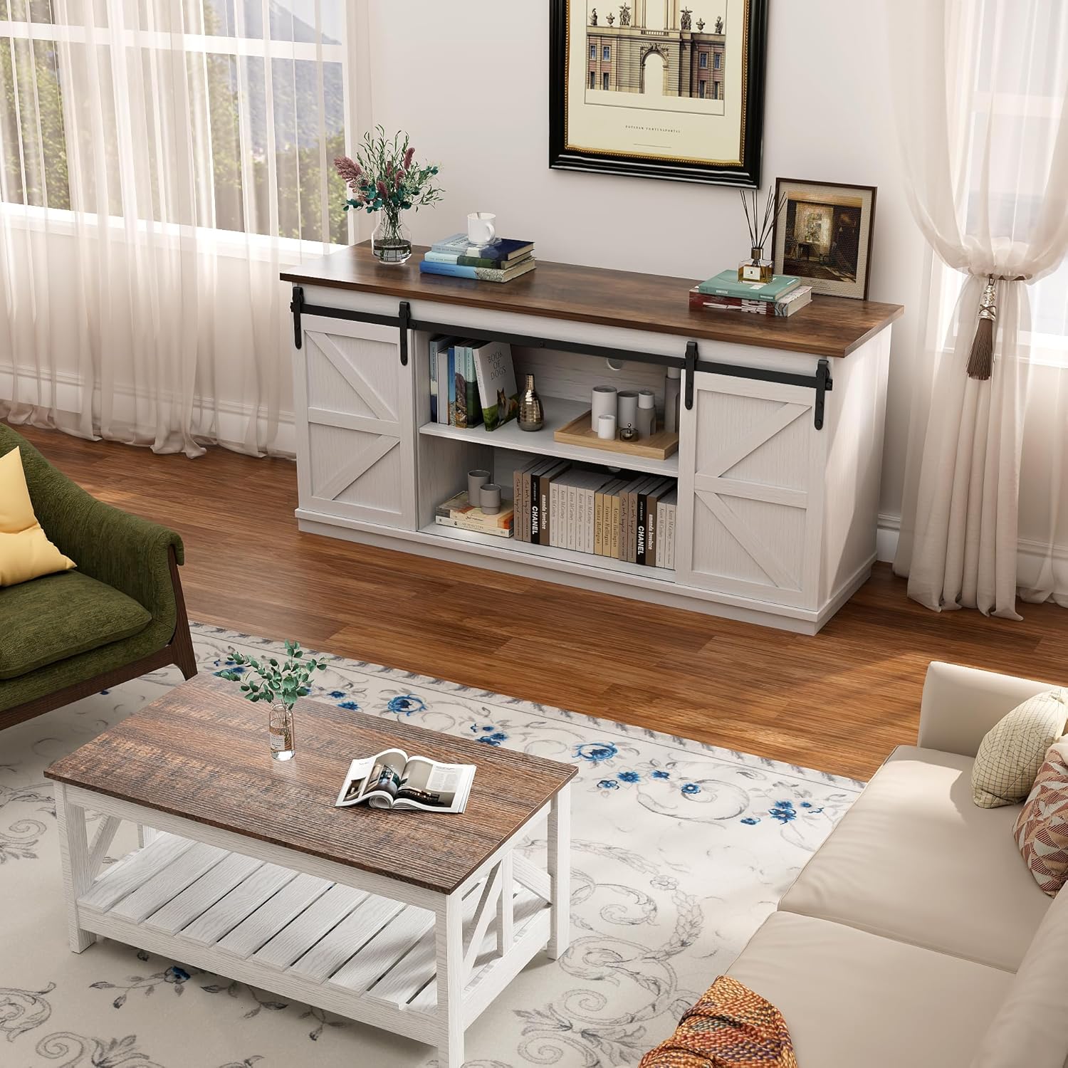 YESHOMY Farmhouse TV Stand for Televisions up to 65 Inches, Sliding Barn Doors and Storage Cabinets, Console Table and Media Furniture for Living Room, 58 Inch, White