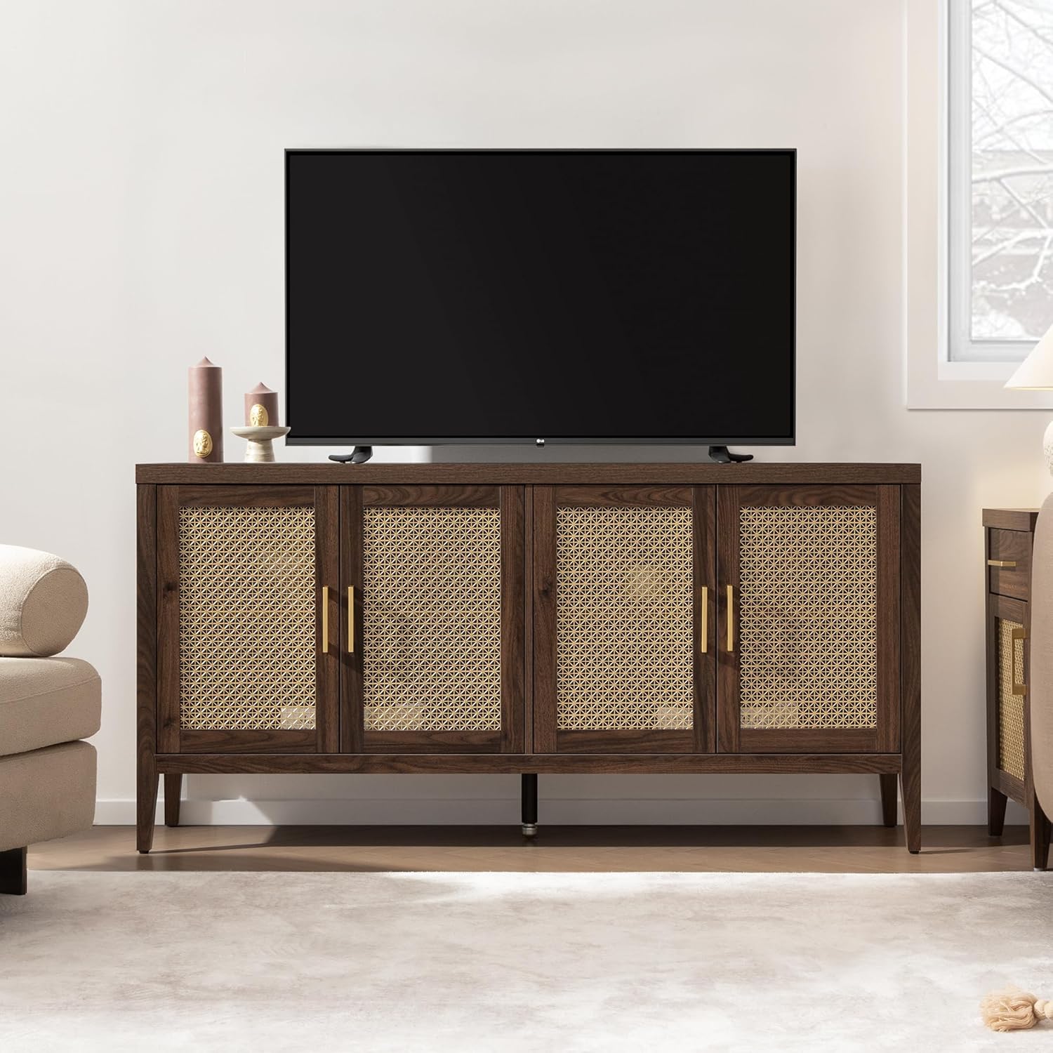 SICOTAS TV Stands for Living Room-Entertainment Center with Storage for Bedroom-Mid Century Modern Television Stands with 4 Doors 59" Media Console TV Cabinet Credenza for 45 50 55 60 65 Inch TVs