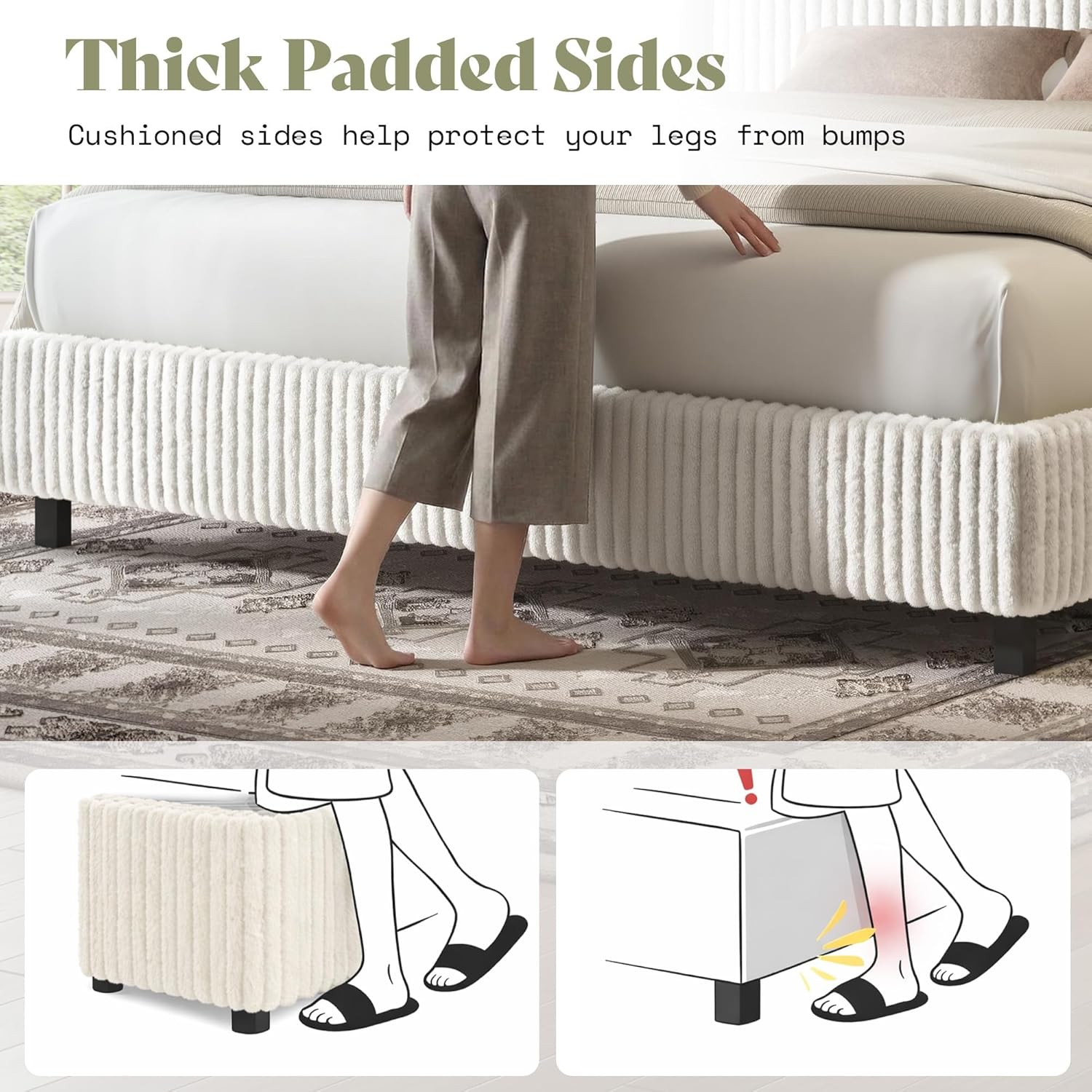 AMERLIFE King Bed Frame, Upholstered Metal Platform Bed with Vertical Channel Tufted Headboard, Soft Fabric & Strong Metal Slats, Noise-Free/Easy Assembly, White King Upholstered Bed and Headboard