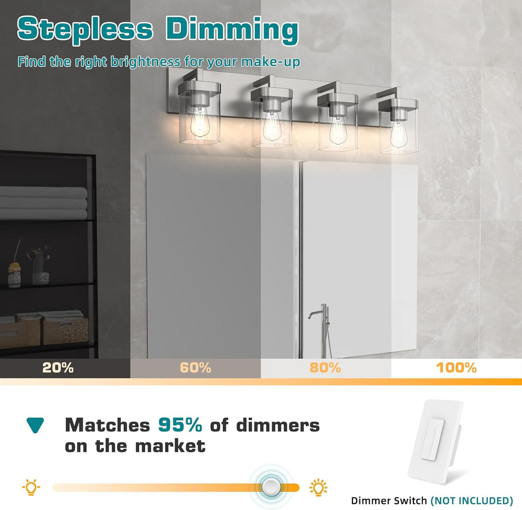 4-Light Bathroom Light Fixtures, Brushed Nickel Vanity Lights for Bathroom, Kitchen, Living Room, Modern Bathroom Vanity Lights with Clear Glass Shades