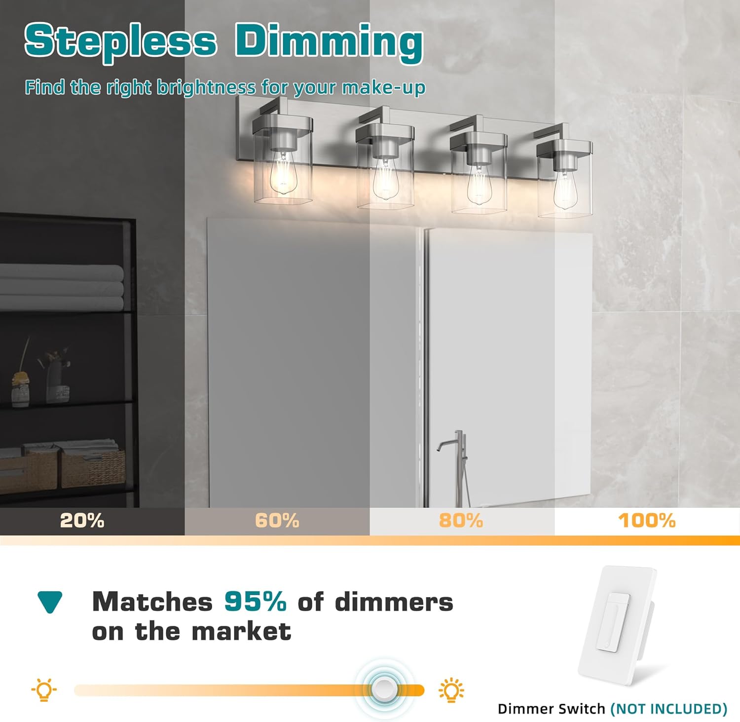 4-Light Bathroom Light Fixtures, Brushed Nickel Vanity Lights for Bathroom, Kitchen, Living Room, Modern Bathroom Vanity Lights with Clear Glass Shades