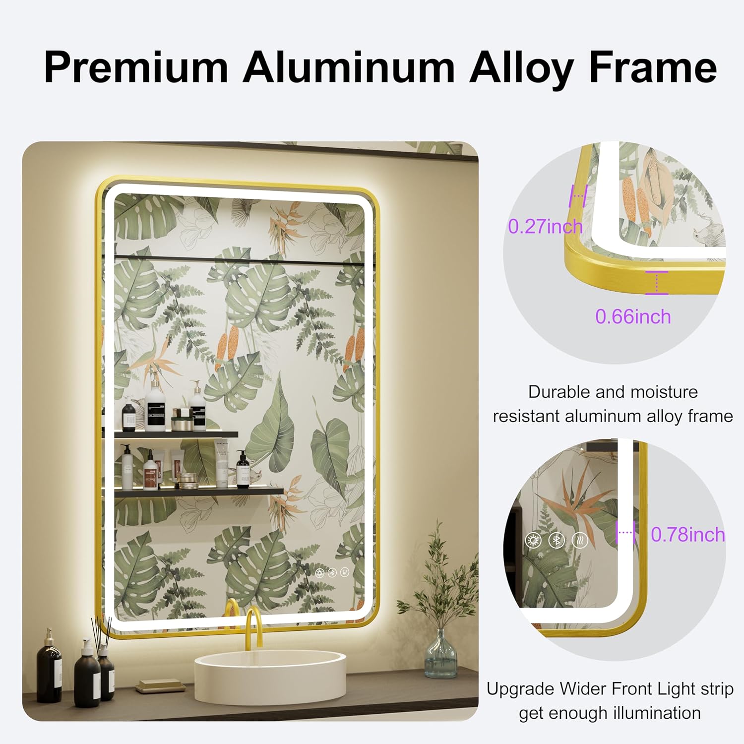 24x36 inch LED Bathroom Mirror with Bluetooth, Adjustable 3000K/4500K/6000K, Stepless Dimming, Anti-Fog, Gold Aluminum Frame Front & Backlit Lighted Wall Mounted Vanity Mirror