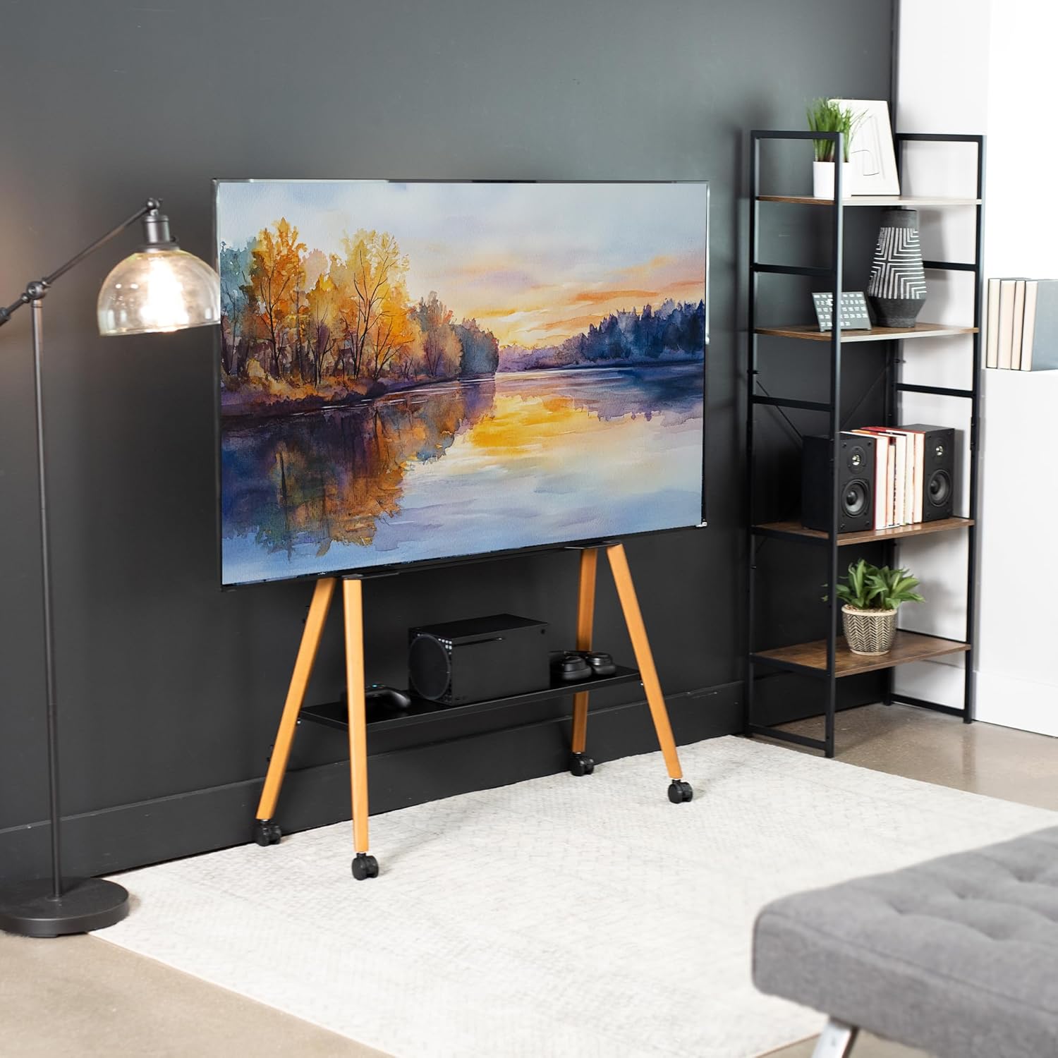 VIVO Rolling Artistic 43 to 75 inch LED LCD Screen Mobile Studio TV Easel Stand, Wood Accessory Shelf, Adjustable TV Mount with 4 Walnut Legs, Black Frame, STAND-TV75R