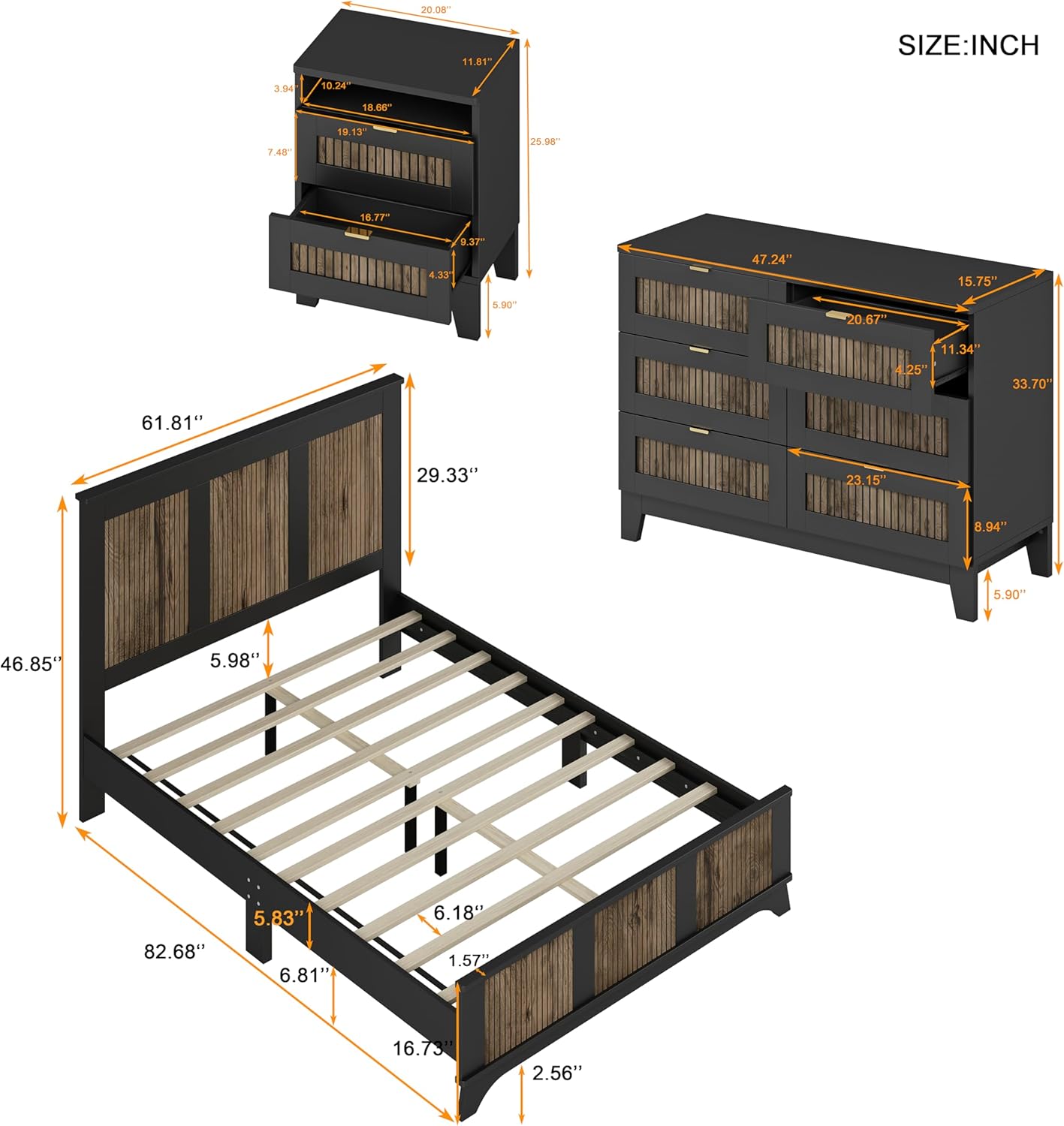 4 Piece Bedroom Furniture Set,Farmhouse Queen Size Platform Bed with Wooden Strip Decoration,2 Storage Nightstand and Dresser with Metal Handles,Wood Bedroom Furniture Set for Home,Bedroom,Black