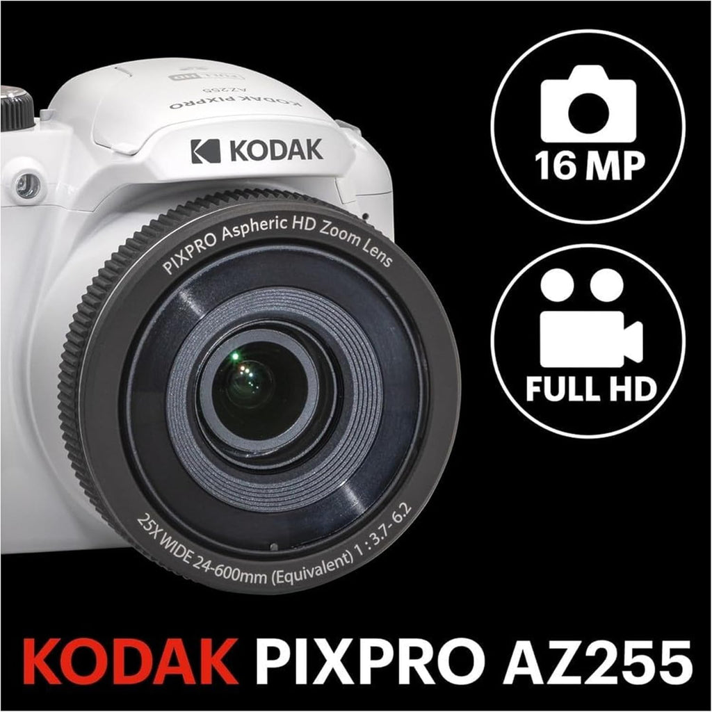 Kodak PIXPRO AZ255 Astro Zoom 16MP Digital Camera (White) with 128GB SDXC Card Bundle (10 Items)