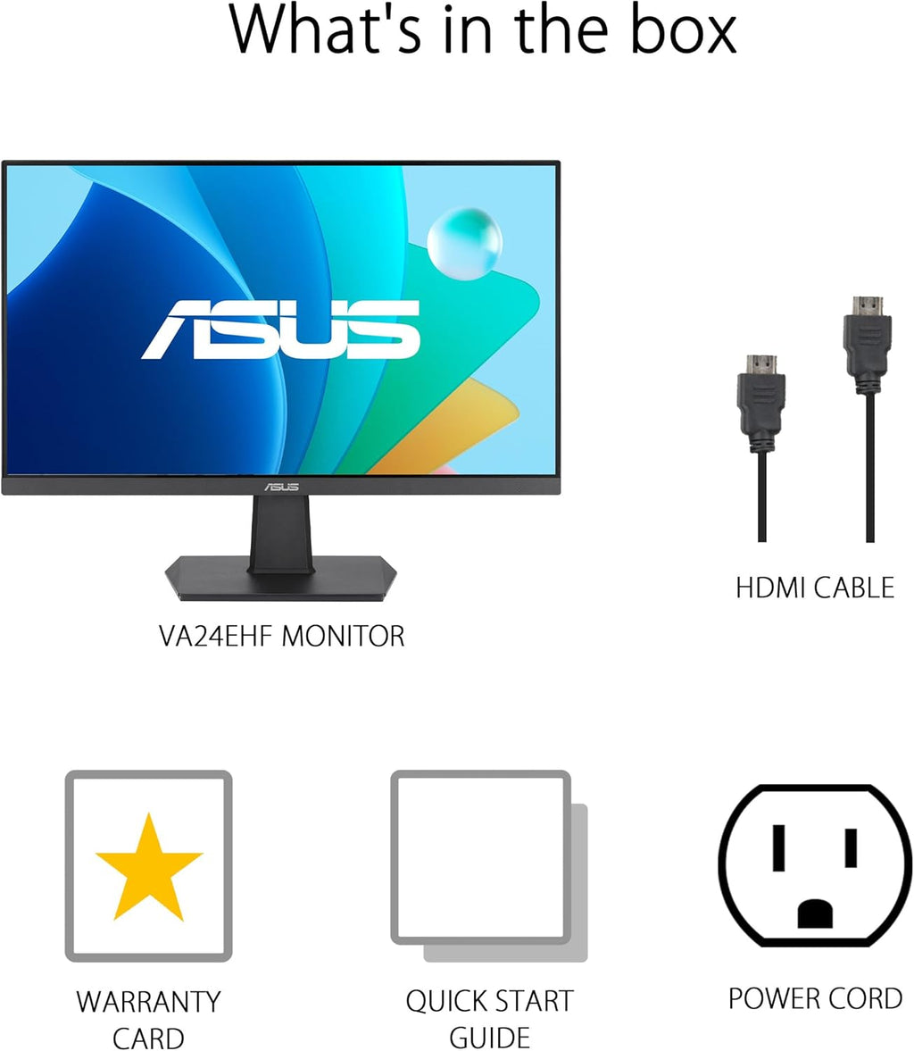 ASUS 24 Inch Frameless Monitor - 23.8-inch viewable, IPS, Full HD, 100Hz, 1080P, 1ms, Adaptive-Sync, for Working and Gaming, Flicker Free, HDMI, VESA Mountable, Tilt - VA24EHF