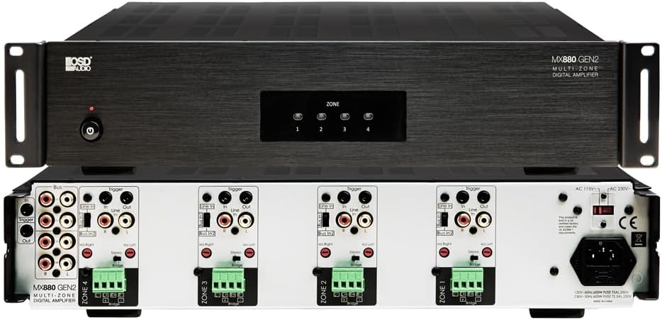OSD Audio 4-Zone 8-Channel Amplifier with 4 in-Wall 100W Rotary Volume Controls – Multi-Room Audio System with Impedance Matching, 80W RMS per Channel, Bridgeable, Rack Mountable