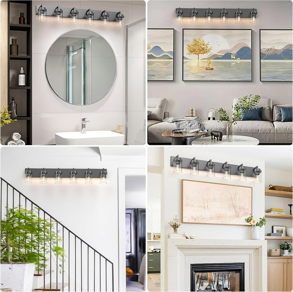 Bathroom Vanity Light, 6 Light Bathroom Light Fixtures Over Mirror, Black Vanity Lights with Clear Glass Shade, Modern Bathroom Light Fixtures for Bedroom, Hallway