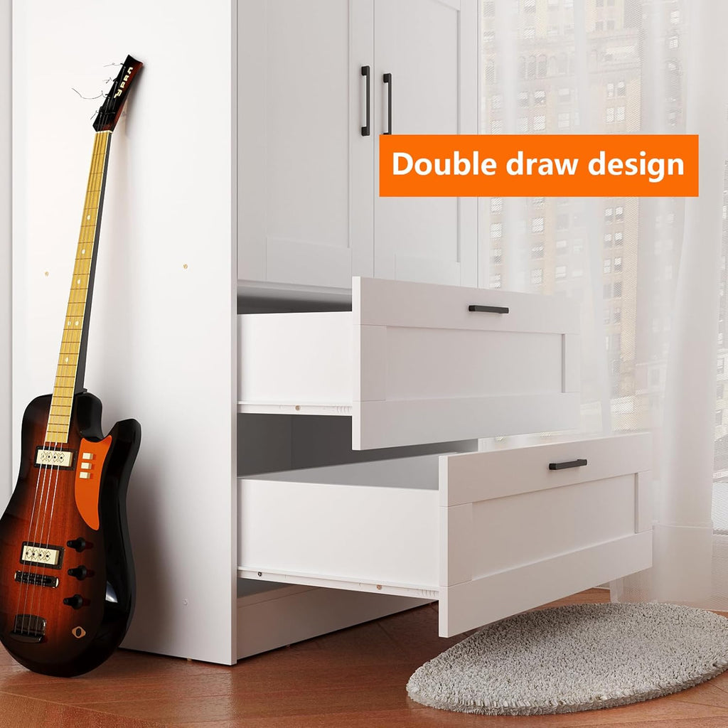 Fenghua Lizhi 3 Doors Wooden Wardrobe Closet Armoire, White Storage Cabinet for Hanging Clothes, Bedroom Large Capacity Freestanding Armoire,Wood Wardrobe Combination with Shelves (2drawer, White)