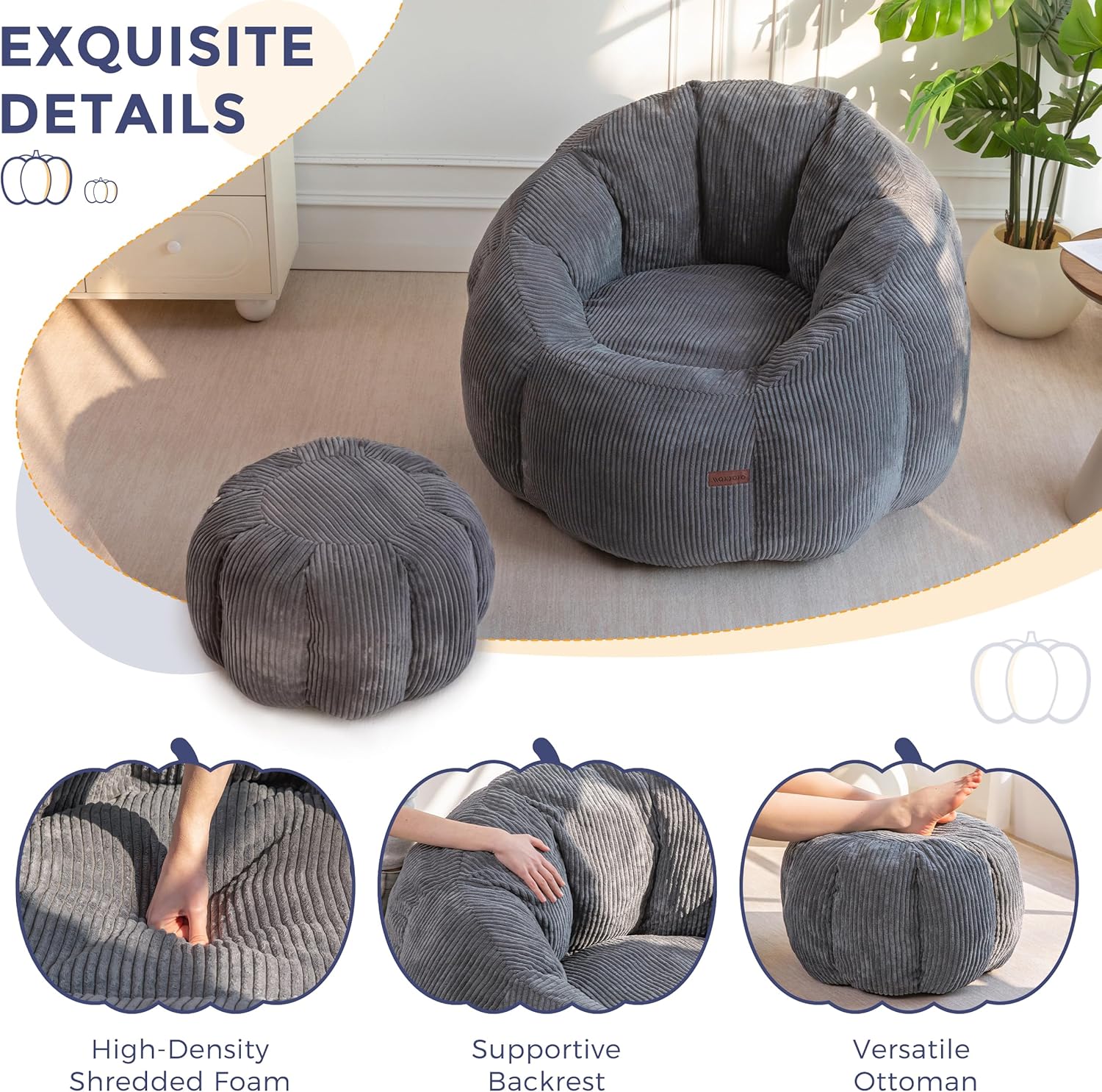 MAXYOYO Giant Bean Bag Chair with Ottoman, Pumpkin-Shaped Bean Bag Sofa with Footstool, Oversized Boneless Couch Chair in a Box, Comfy and Lazy Lounge for Dorm, Living Room, Bedroom, Dark Grey