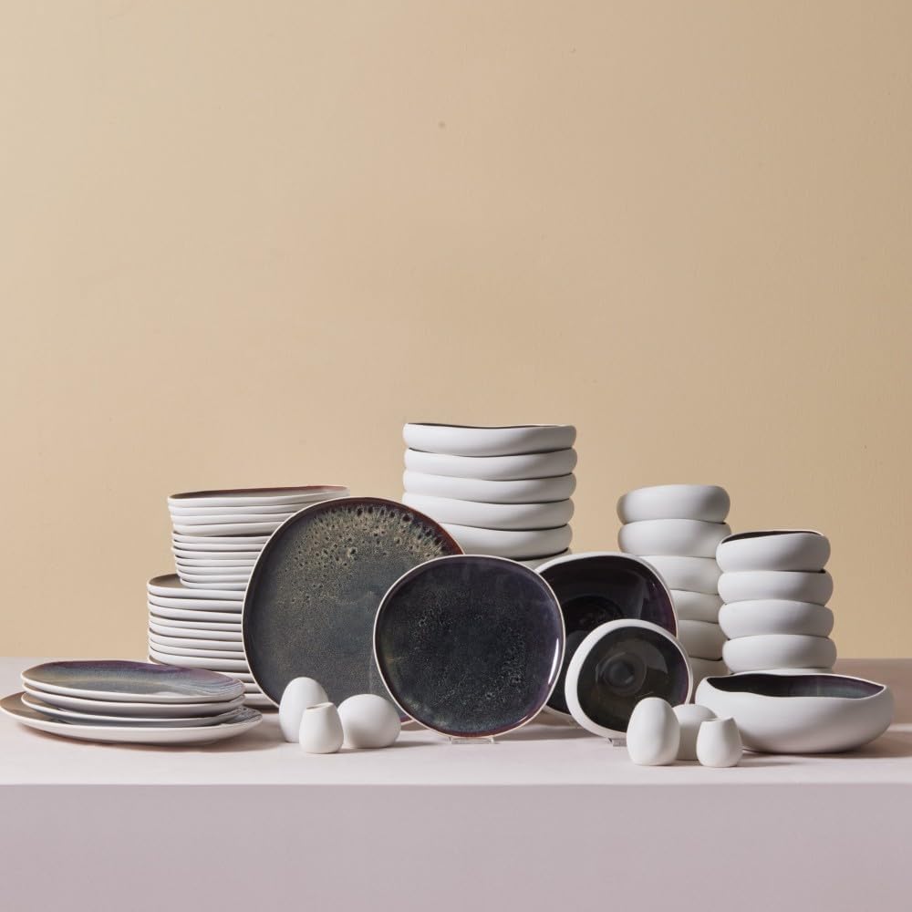Karaca Earth Collection Galactic 55 Piece Dinner Set for 12 People – Reactive Glaze Stoneware Dinnerware Set, Modern White Tableware, Durable Plates & Bowls Set