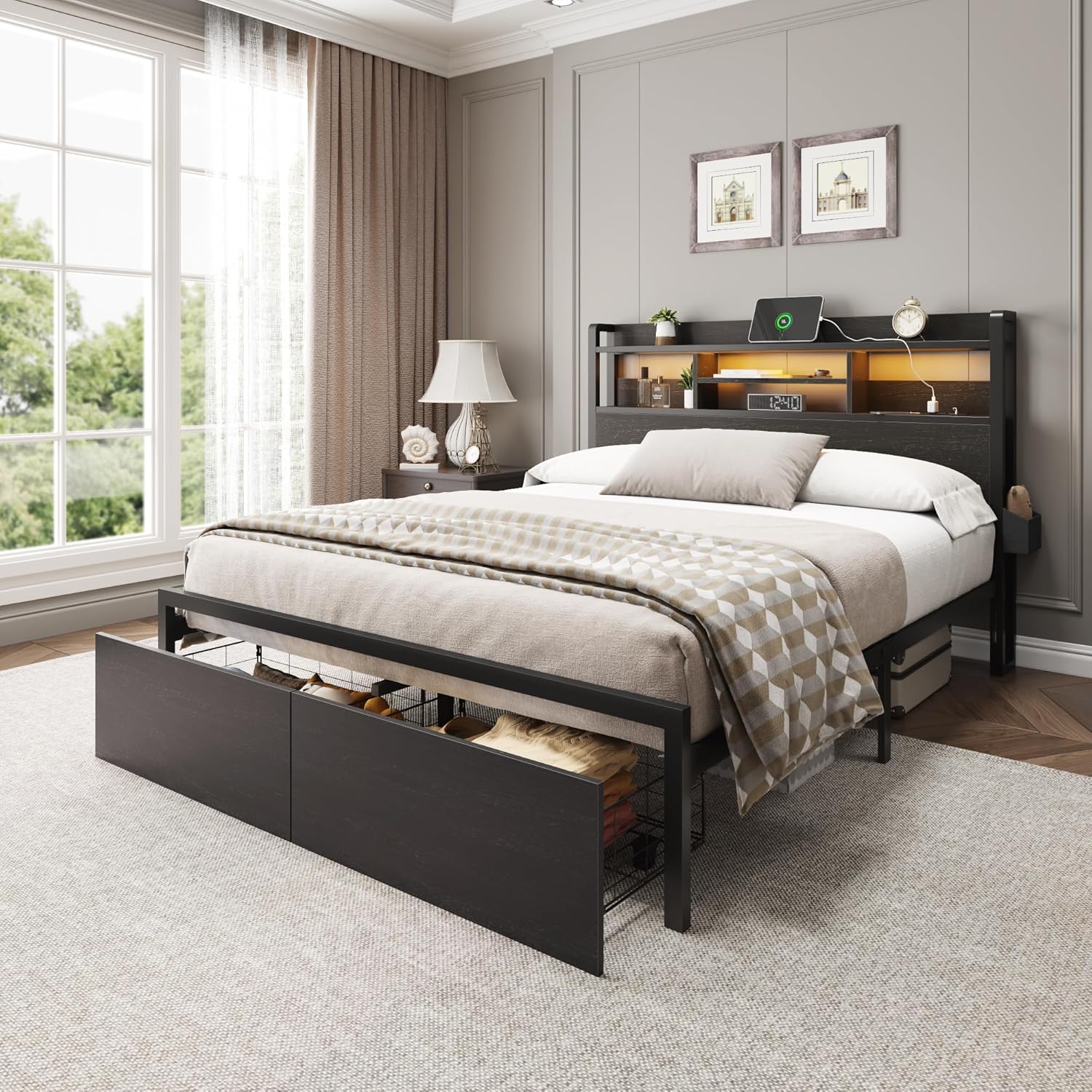 Furnulem Full Size Bed Frame with Wood Headboard, Metal Platform Bed Frame Full Size with 2 Storage Drawers and Shelf, LED Lights and Charging Station, No Box Spring Needed, Noise Free, Black