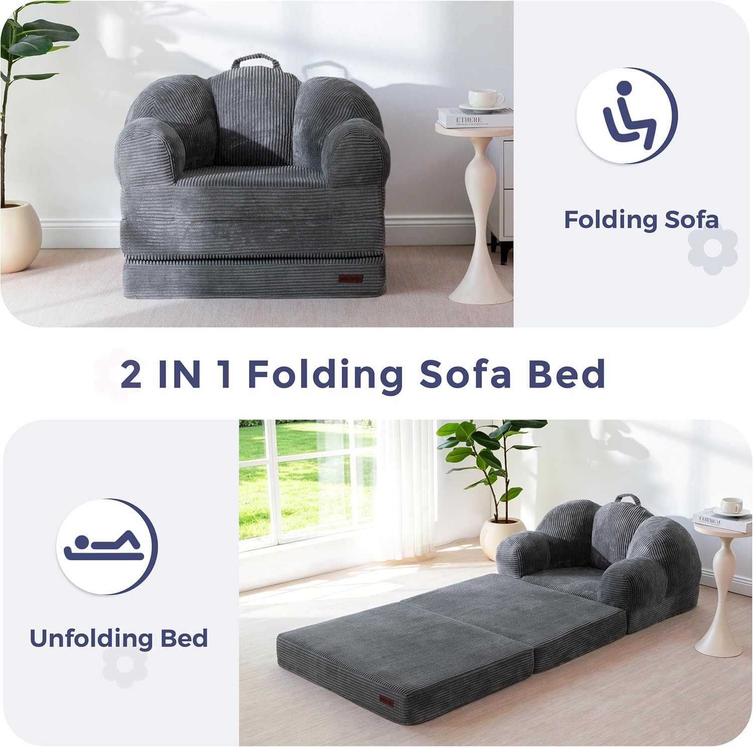 MAXYOYO Folding Sofa Bed, Floral-Shaped Convertible Floor Sofa Couch with Backrest, 2 in 1 Comfy Lounger Bean Bag Chair with Handle, Floor Single Sleeper Couch for Living Room Bedroom, Dark Grey