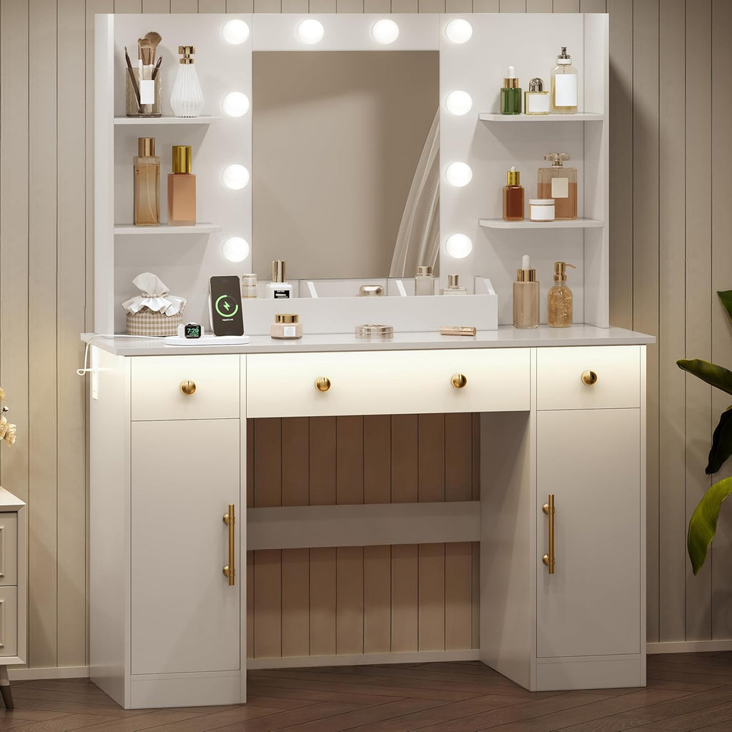HUANLEGO Vanity Desk with Mirror and Lights, Makeup Vanity with Mirror and LED Lights & Power Outlet, 3 Drawers and Cabinets, 3 Lighting Modes Dressing Table Set for Girls Women Bedroom, White
