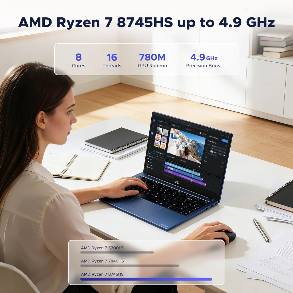NIMO 17.3" IPS-Gaming-Laptop, AMD Ryzen 7 8745HS Up to 4.9GHz Beat R9 7940HS 16GB RAM 512GB SSD Radeon 780M-Graphics, WiFi 6E USB4 Backlit Keyboard Fingerprint, Win 11 PC for Work & Play 2-Yr Warranty