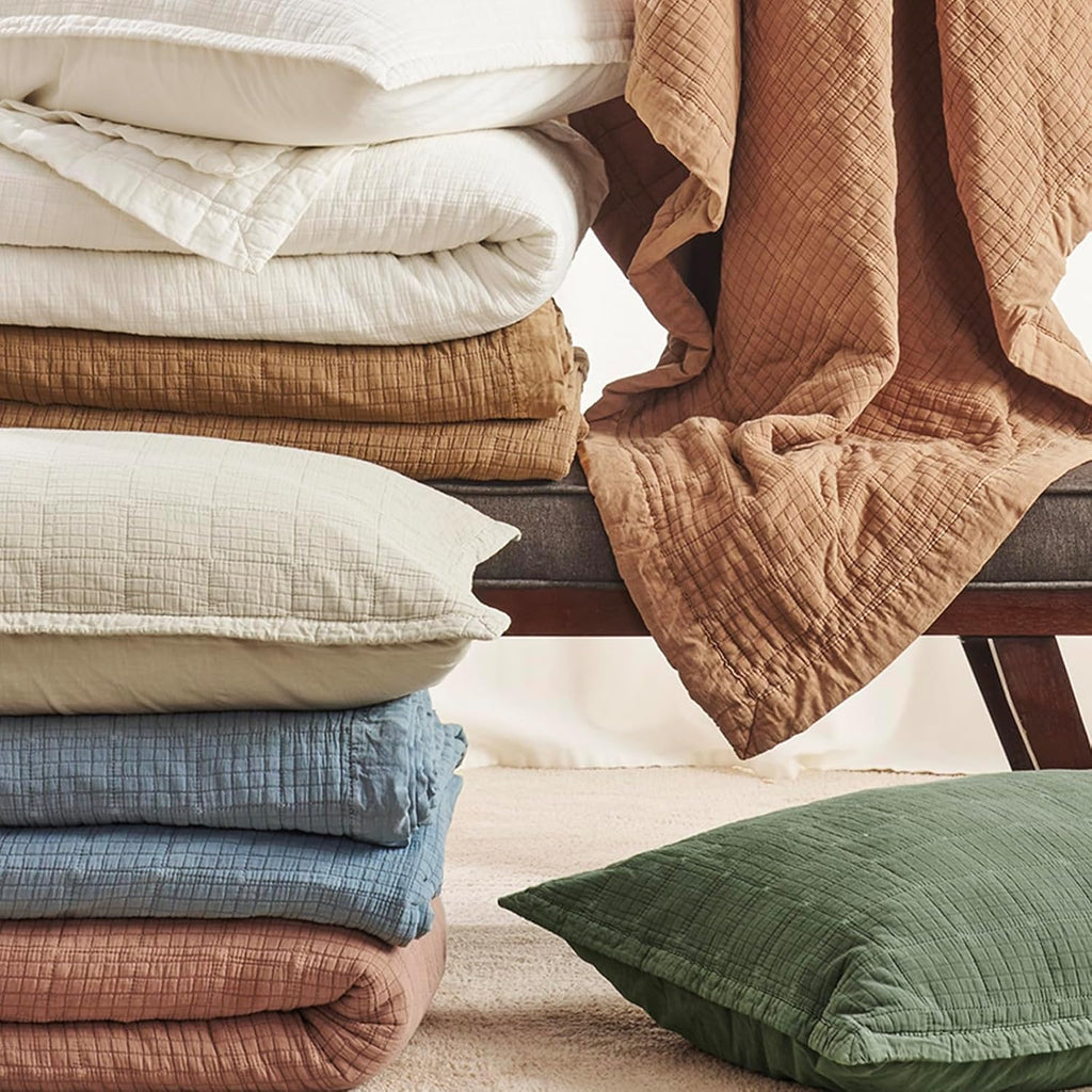 EVERGRACEHOME Stonewashed Cotton Quilt Set King Size, Ultra Soft Oversized Bedspread Coverlet Set, Lightweight Crinkle Box Stitch Bedding Sets for All Season, with 2 Shams, Mocha Brown
