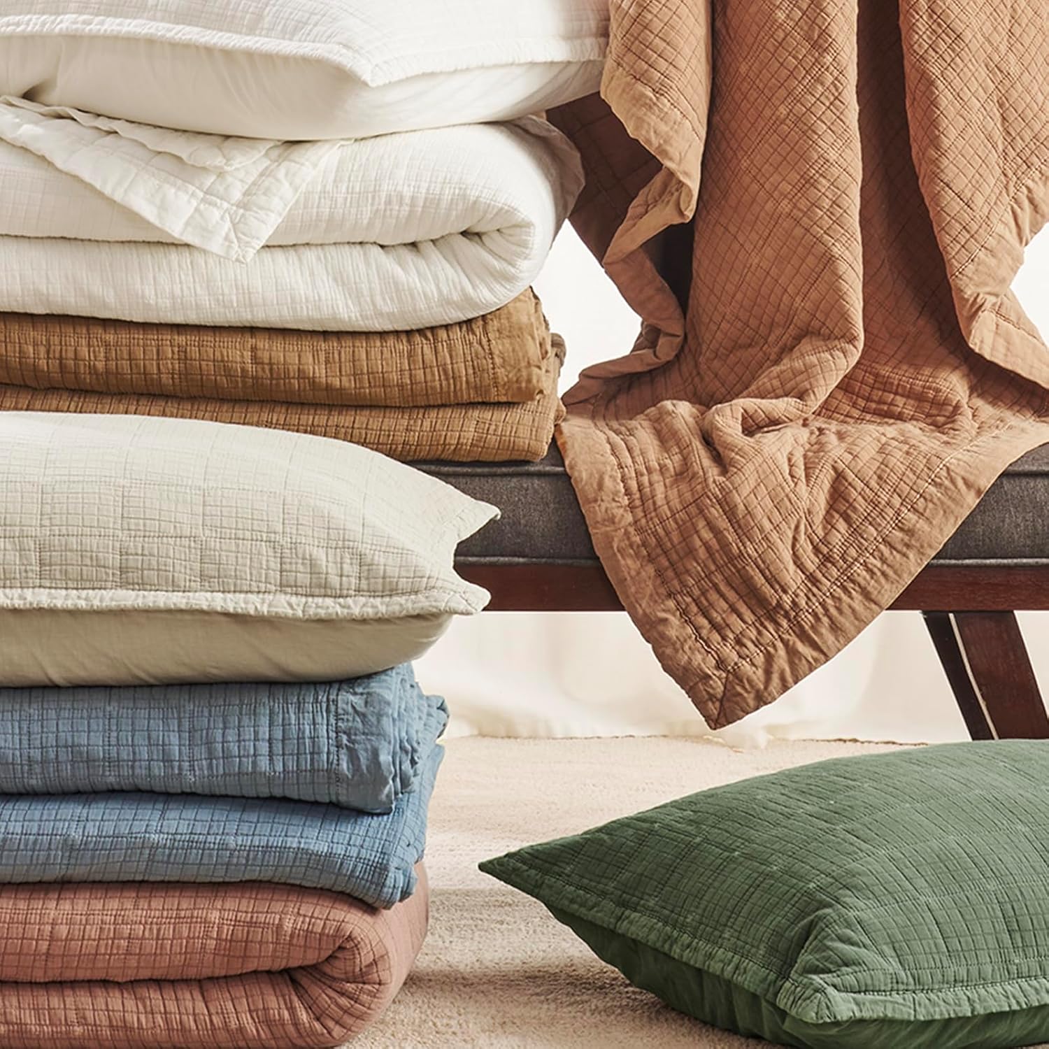 EVERGRACEHOME Stonewashed Cotton Quilt Set King Size, Ultra Soft Oversized Bedspread Coverlet Set, Lightweight Crinkle Box Stitch Bedding Sets for All Season, with 2 Shams, Mocha Brown