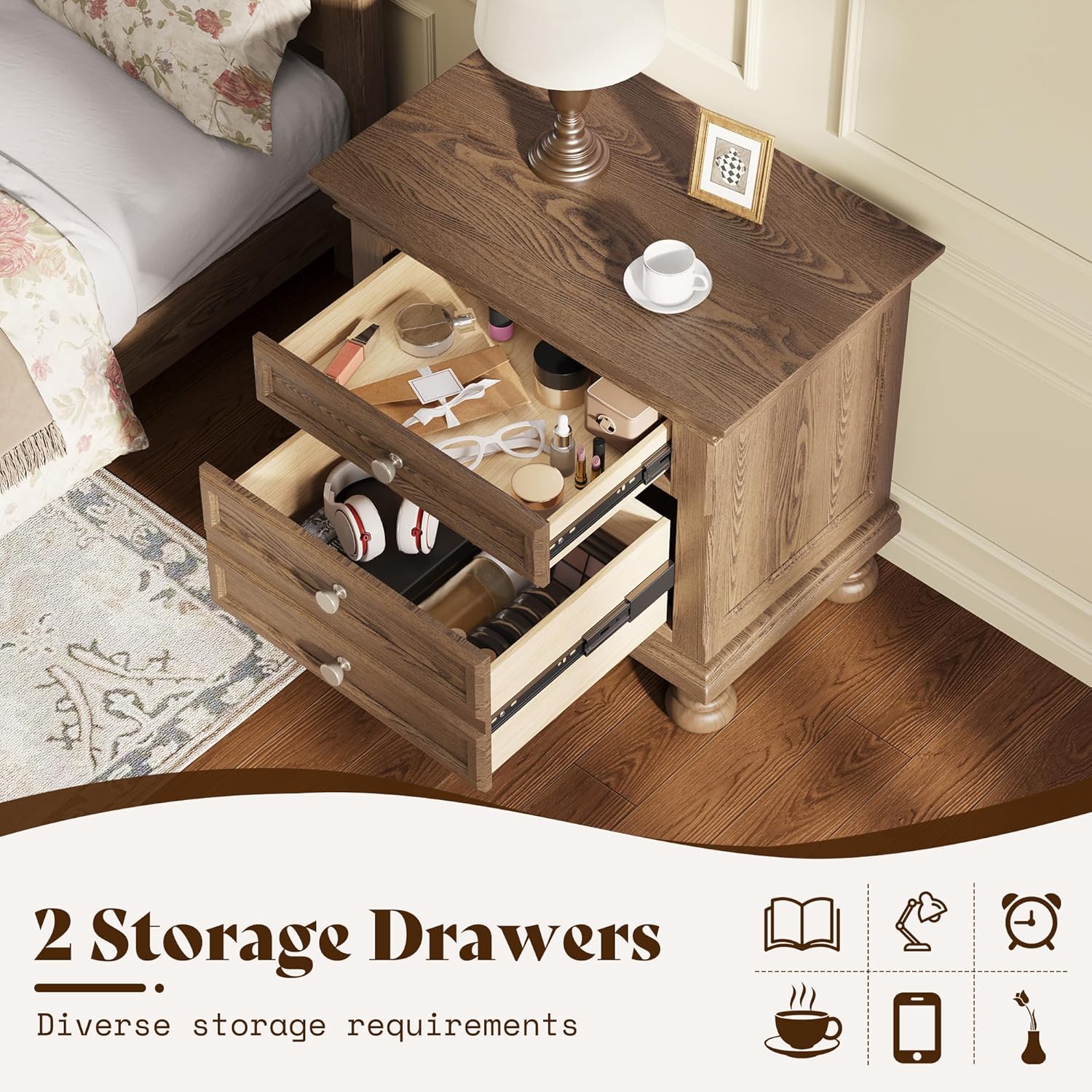AMERLIFE Solid Wood 3 Piece Bedroom Set Including 65.2" High King Bed Frame, Fully Assembled Nightstands Set of 2 with 2 Storage Drawers for Bedroom, Light Brown
