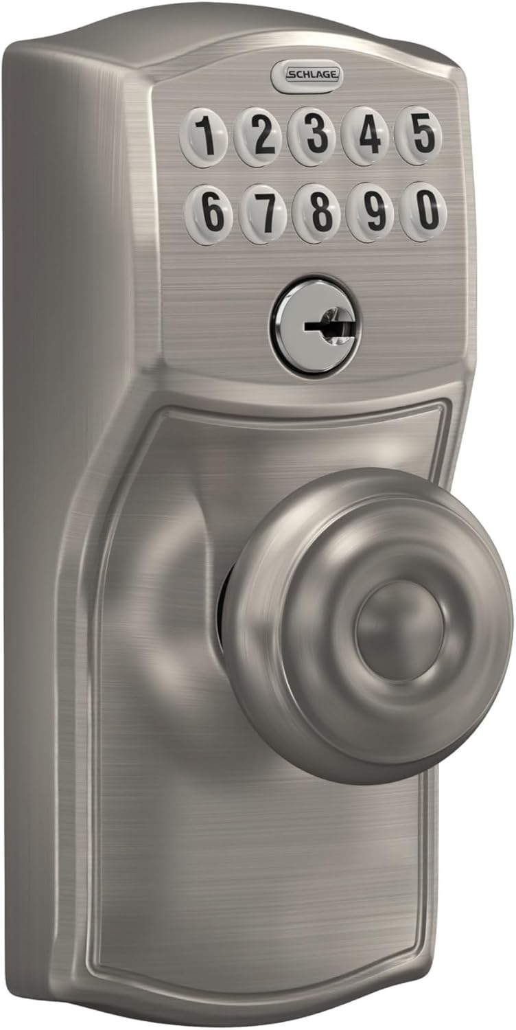 Schlage Camelot Keypad Lock with Knob, Electronic Keyless Door Entry, Flex Lock Auto‑Lock Option, Satin Nickel, FE595 CAM 619 GEO