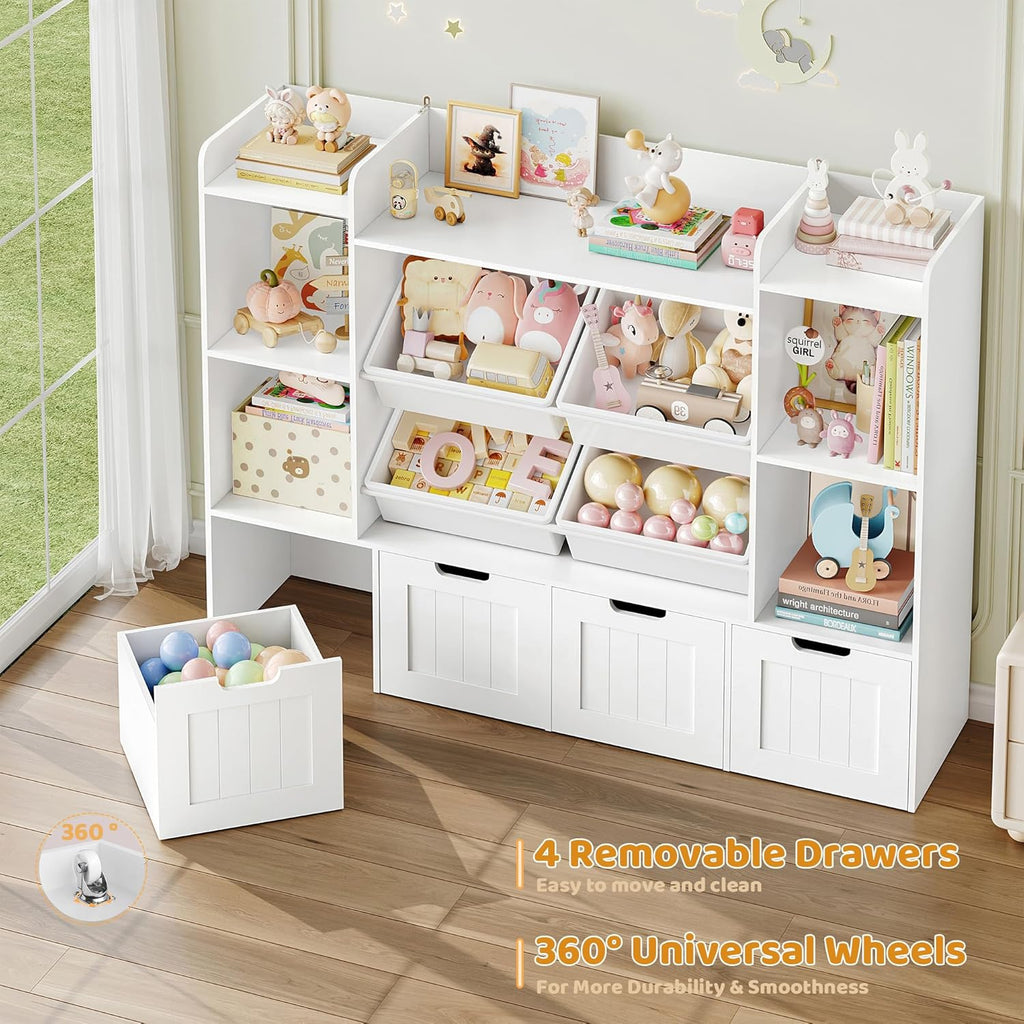 Toy Storage Organizer, Toy Organizer with 4 Movable Drawers and 4 Box Bins, Kids Playroom Storage Organization with Hidden Wheels for Living Room, Kids Room