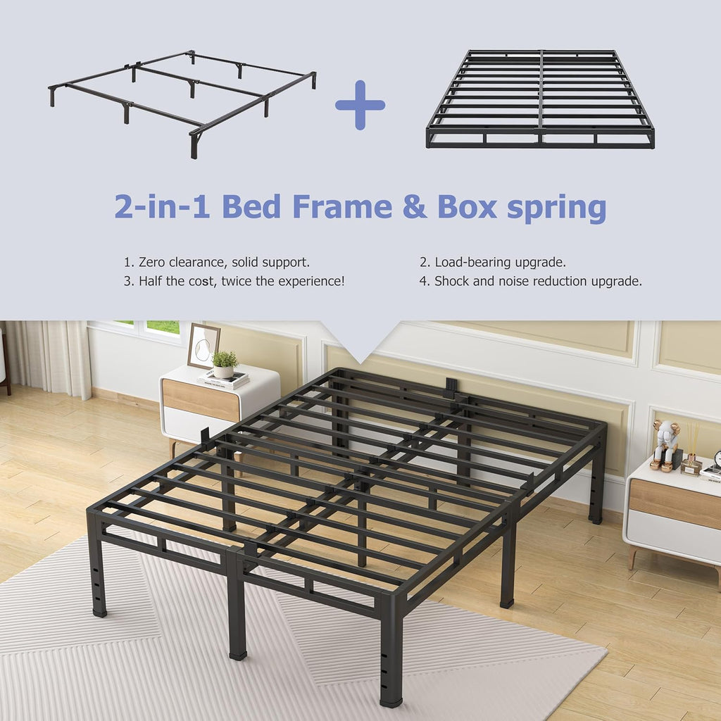 NKZ 24 Inch Queen Size Bed Frame, Metal Bed Frame & Box Spring 2 in 1 Platform with Round Corner Legs, 4000Lbs Heavy Duty Metal Frame, Mattress Slide Stopper, Headboard Hole, Noise-Free, Easy Assembly