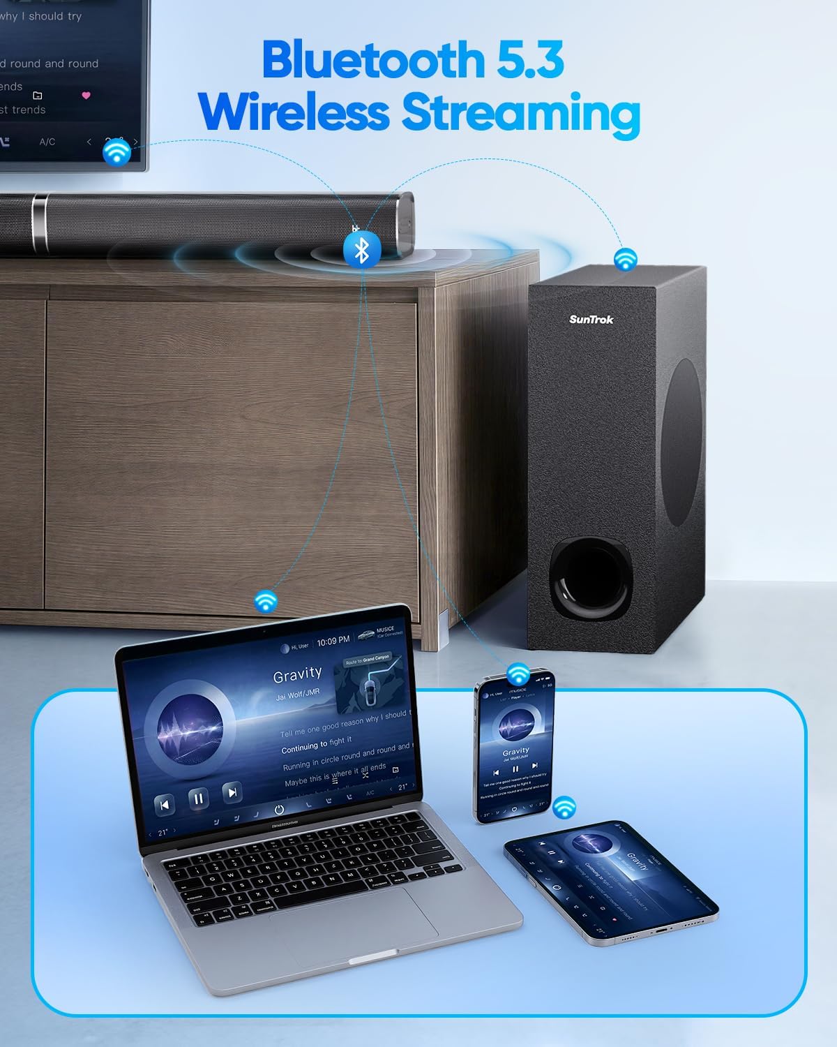 Soundbar with Subwoofer for TV, Home Theater Bluetooth 5.3 Speaker System with 2 Wireless Karaoke Mics, Surround Sound Audio with HDMI ARC, Optical, AUX, USB for Movie, Music, Family Party(Peak 240W)