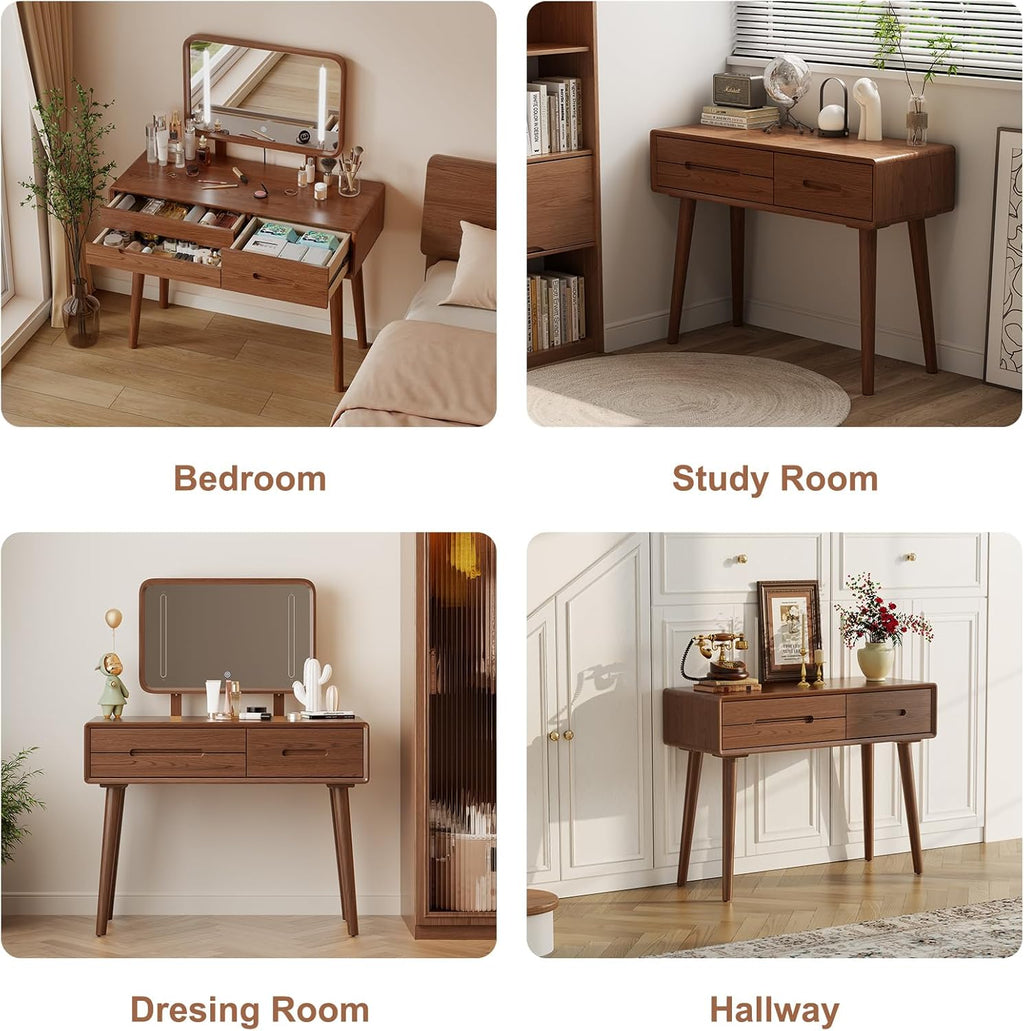 Solid Wood Vanity with Mirror and Lights, Adjustable Brightness, Wood Makeup Vanity with 3 Drawers, Semi-Assembled, Vanity Desk for Bedroom (Walnut)