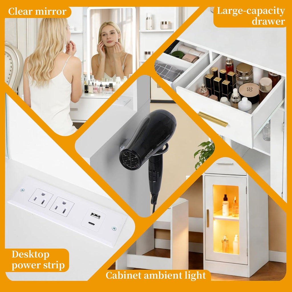 White LED Vanity Table with Three-Color Adjustable Light HD Mirror, USB Charging Port,Leather Stool, Double-Layer Acrylic Cabinet with Ambient Lighting,and Makeup Table with Drawer Storage