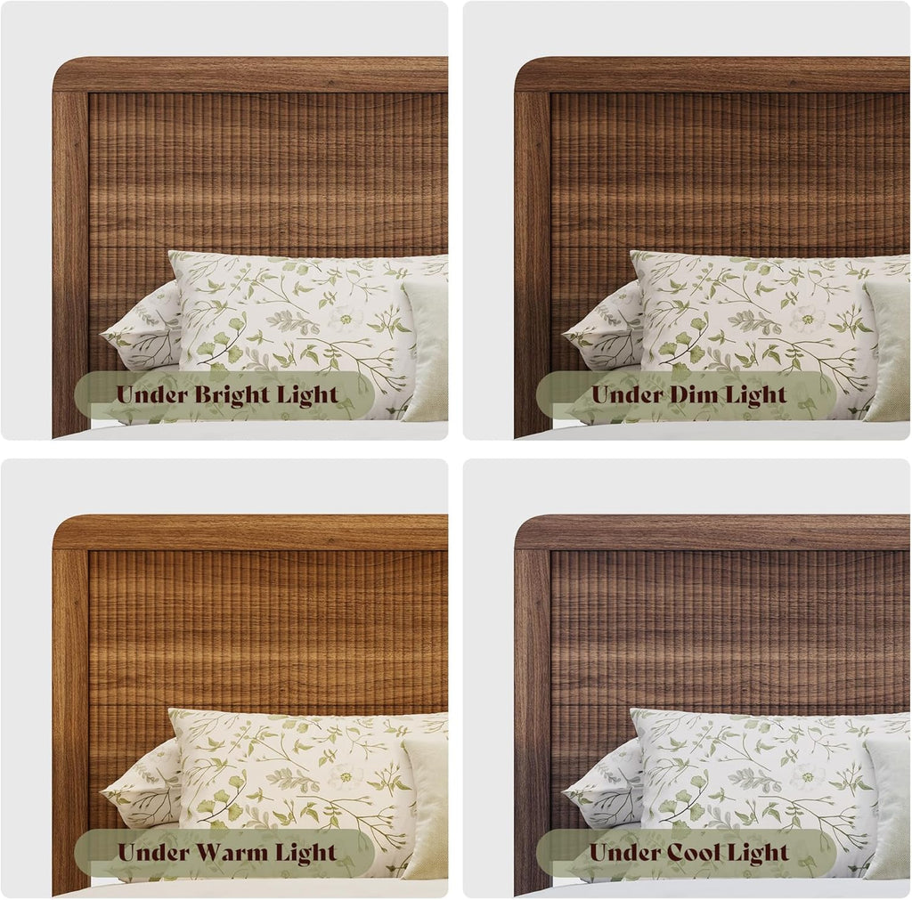 AMERLIFE 3-Piece Modern Fluted Bedroom Furniture Set, Including Wood Full Size Bed Frame with Headboard & Footboard and Storage Night Stand Set of 2, Wooden Bedframe and Nightstand Sets, Walnut