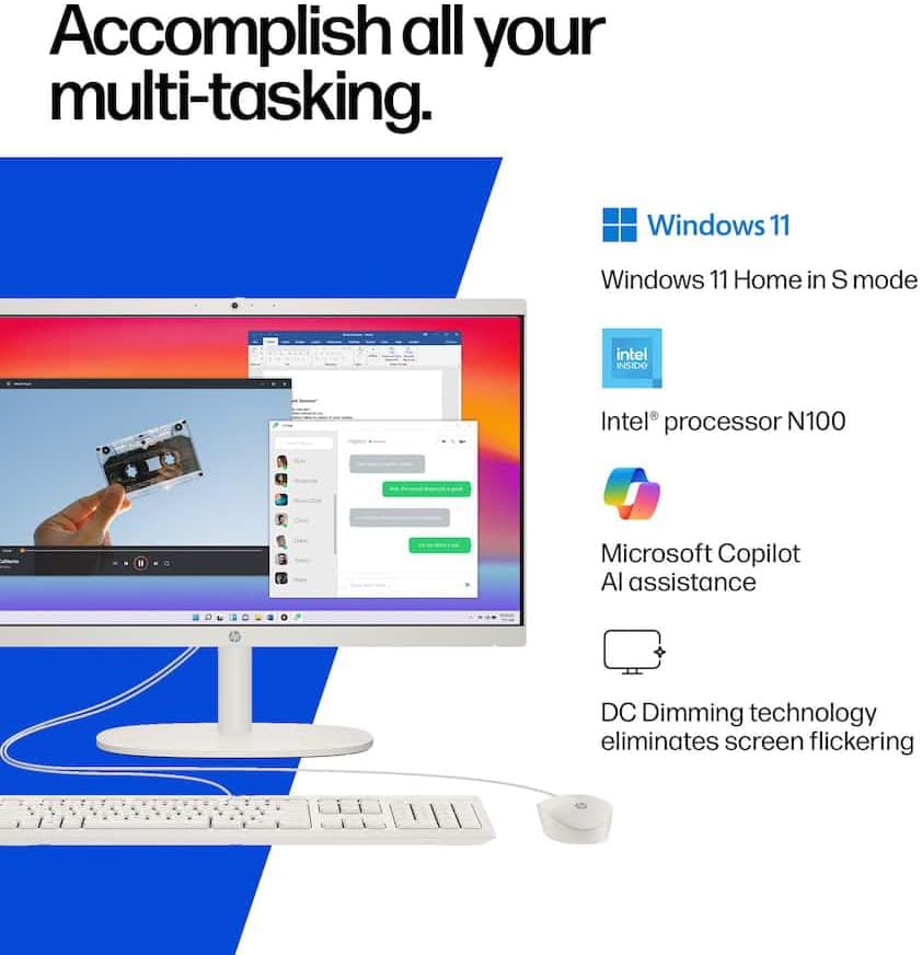 HP 21.5" FHD All-in-One Desktop Computer, 8GB RAM 128GB UFS, Quad-Core Intel N100 Processor, Keyboard & Mouse Included, PLUSERA 8-in-1 Hub, Windows 11 Home, White