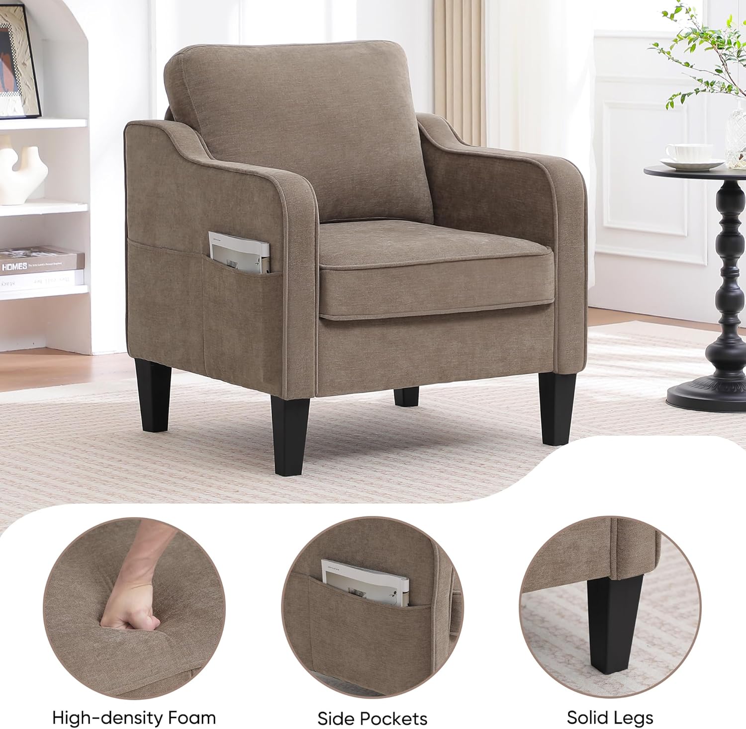 Accent Chairs Set of 2, Upholstered Living Room Chair with Side Pockets, Mid Century Modern Reading Chair for Bedroom, Comfy Armchair Single Sofa Side Chair for Office, Small Room, Brown