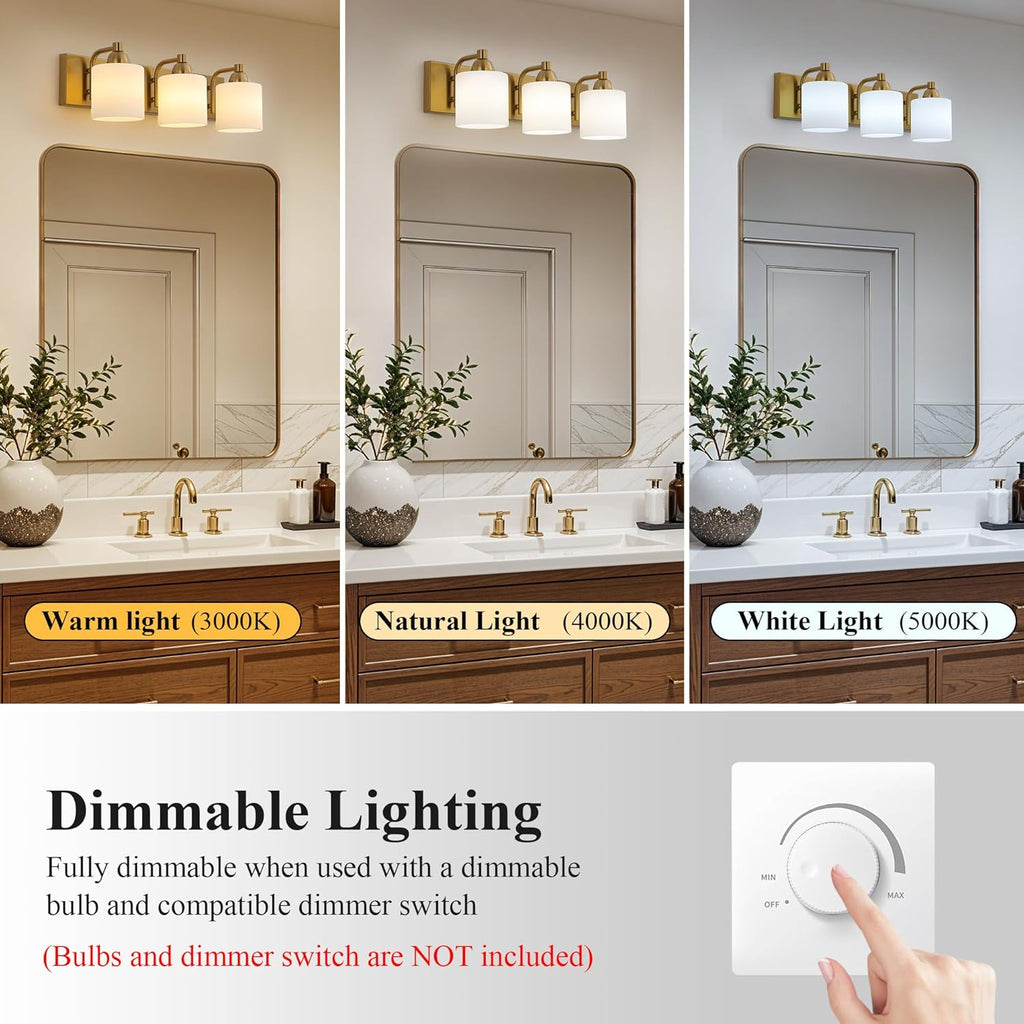 Mecgirn Stainless Steel Milk Glass Vanity Lights for Bathroom, 3 Light Gold Bathroom Light Fixtures Over Mirror, Ceramic E26 Sockets Wall Mounted