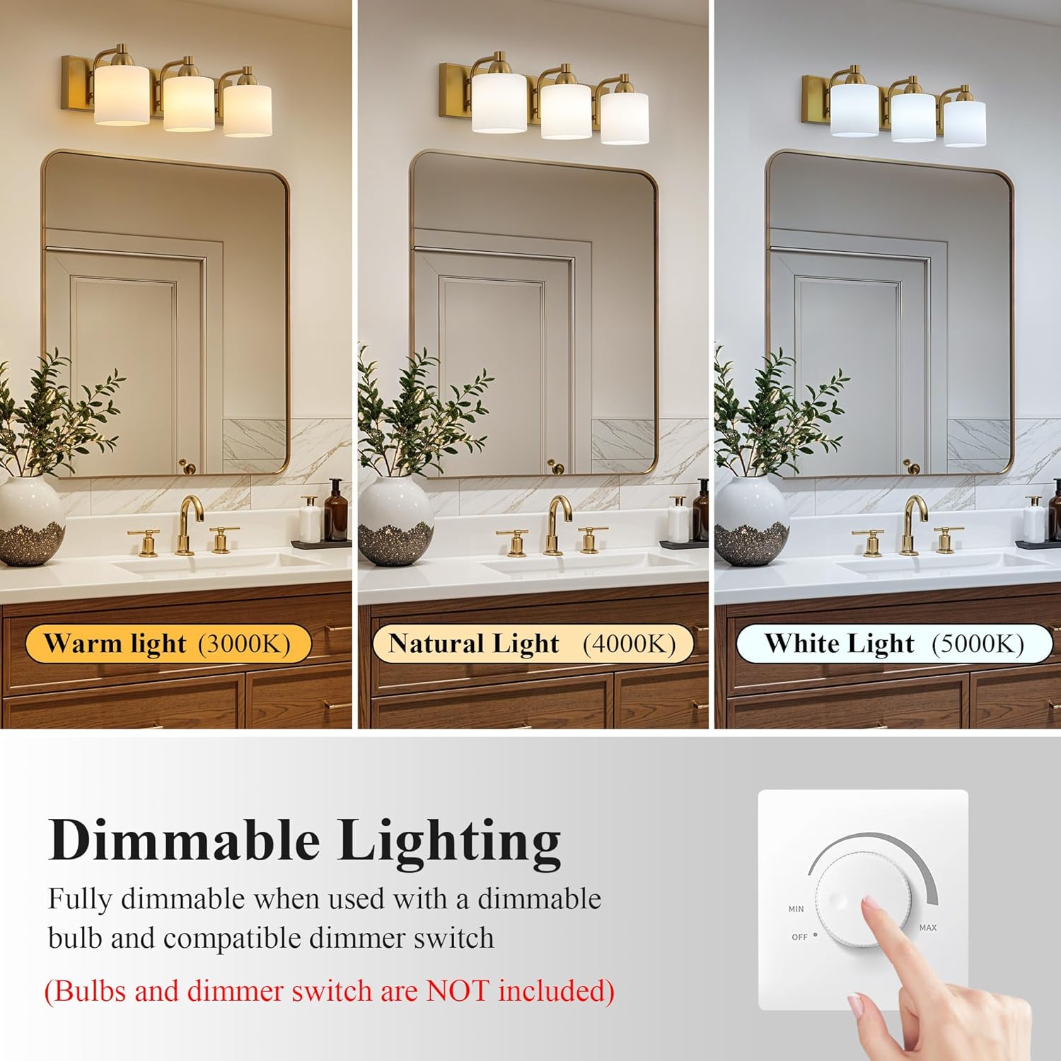 Mecgirn Stainless Steel Milk Glass Vanity Lights for Bathroom, 3 Light Gold Bathroom Light Fixtures Over Mirror, Ceramic E26 Sockets Wall Mounted
