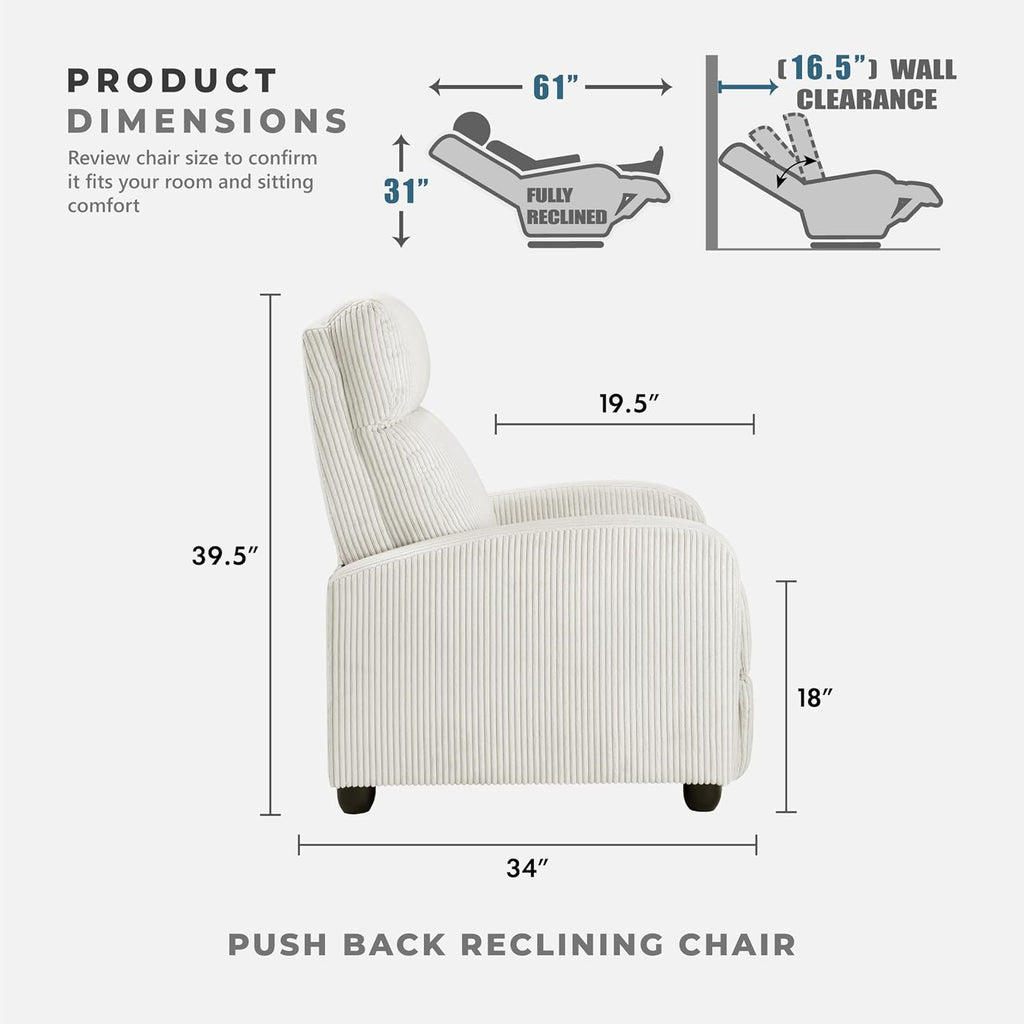 Lexicon Corduroy Pushback Recliner Chair Armchair Push Back Recliner, Solid Wood Frame and Metal Base, Easy Assembly Small Soft Single Sofa Accent Chair for Living Room/Office/Apartment, Beige