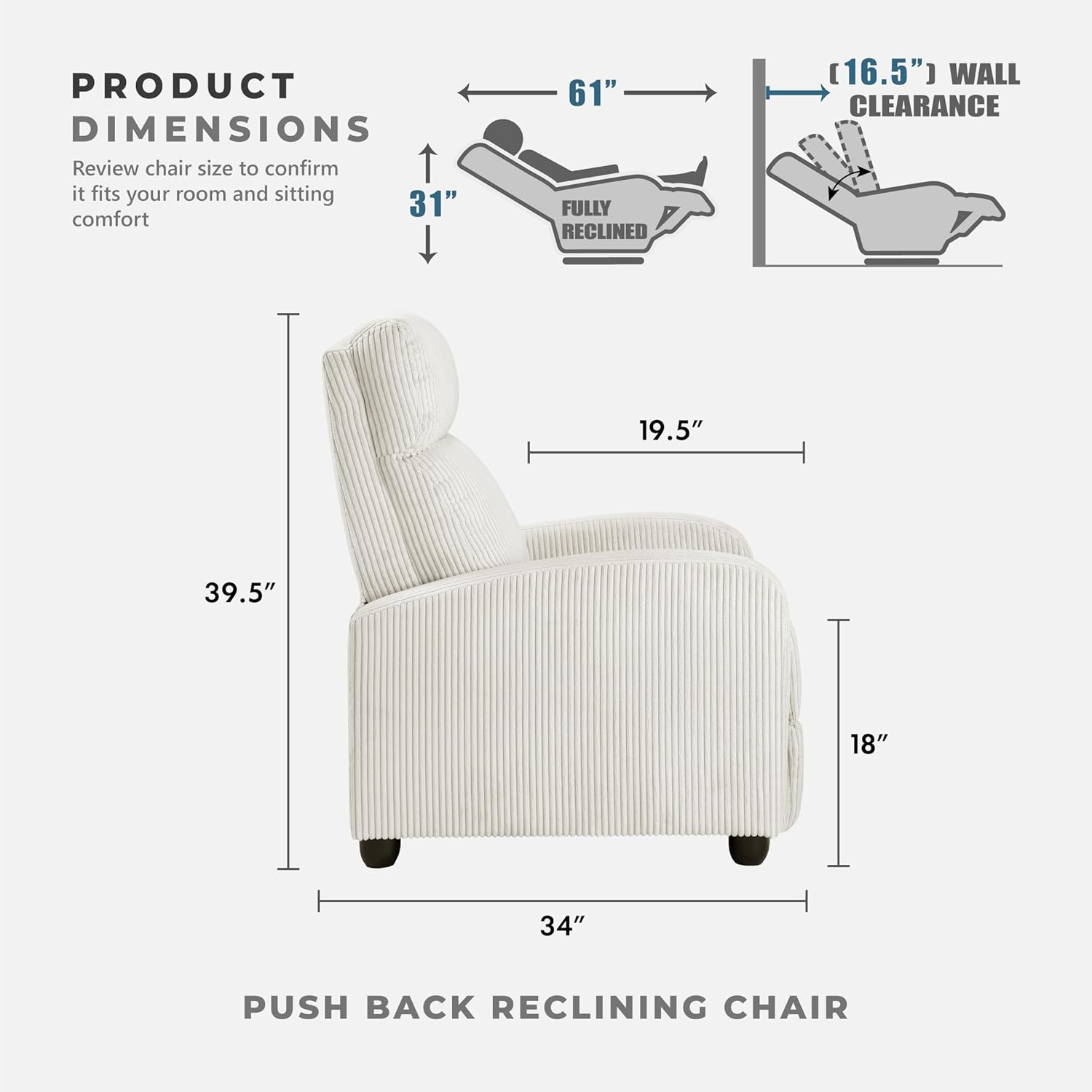 Lexicon Corduroy Pushback Recliner Chair Armchair Push Back Recliner, Solid Wood Frame and Metal Base, Easy Assembly Small Soft Single Sofa Accent Chair for Living Room/Office/Apartment, Beige