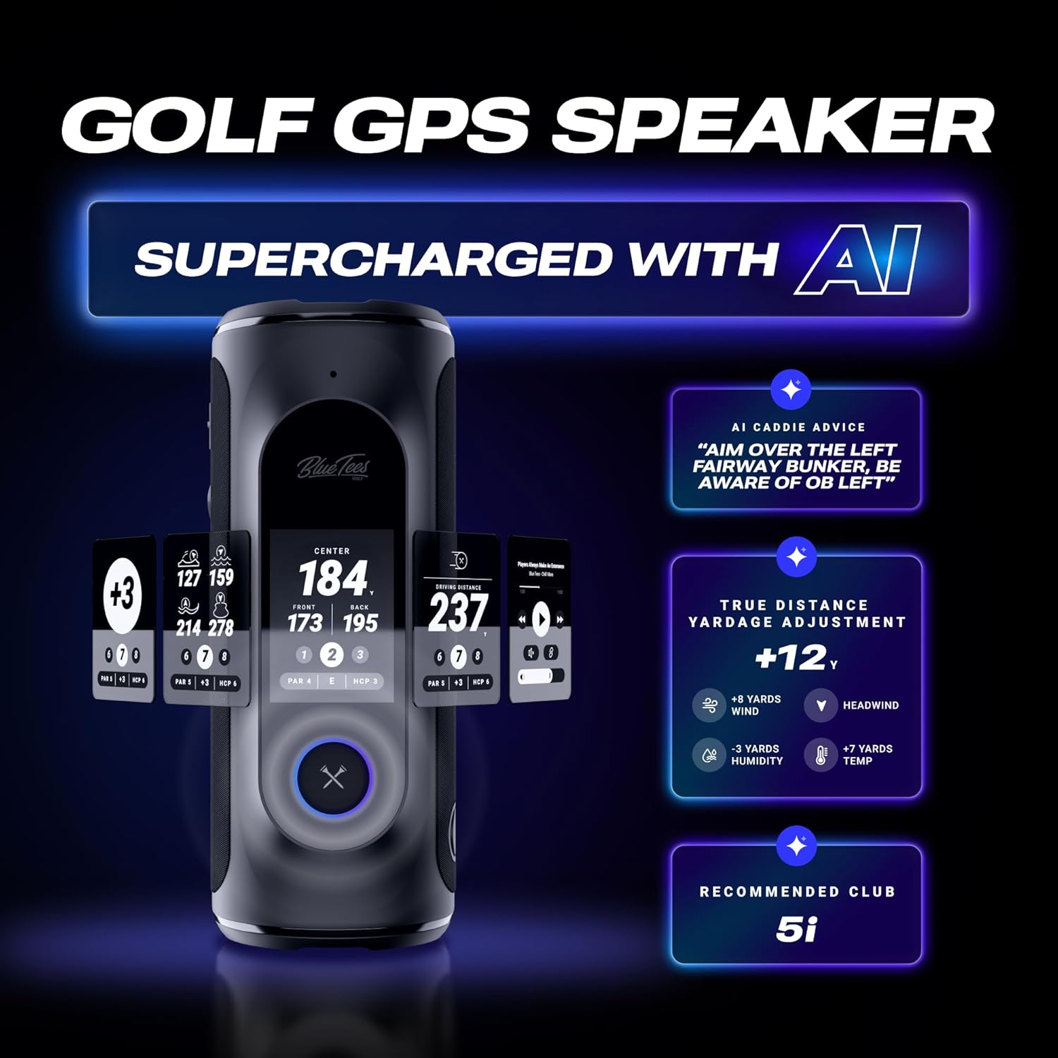 Blue Tees Golf Player+ AI-Powered GPS Speaker - Touchscreen Display, 10+ Hour Battery, 40,000+ Courses, Visual & Audible Distances, Hazard Detection, IPX7 Waterproof (Navy)