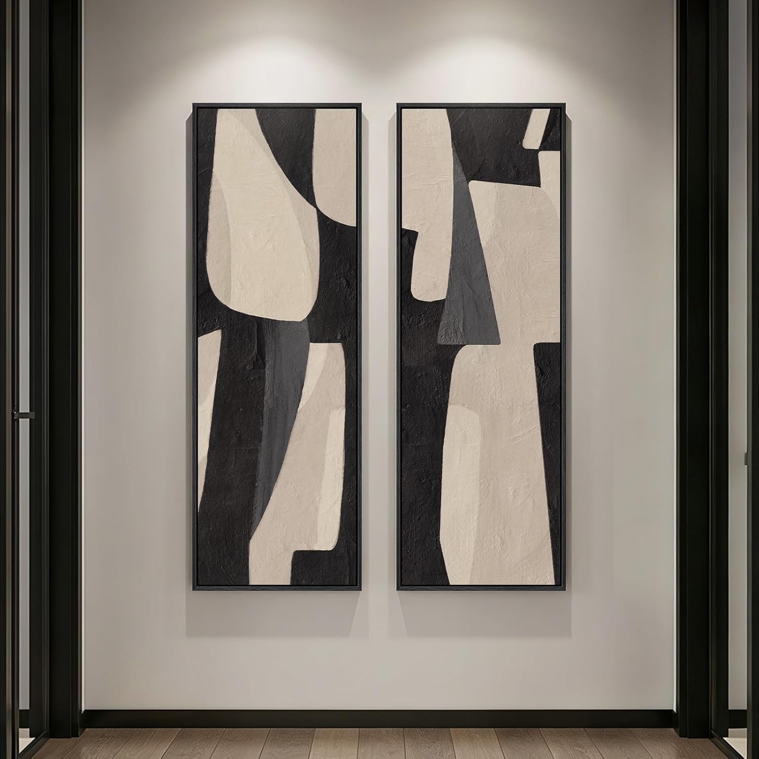 Long Narrow Framed Neutral Abstract Vertical Wall Art, Set of 2 Modern Canvas Prints Paintings Artwork for Walls, Black and Beige Minimalist Pictures Living Room Bedroom Hallway Entryway Wall Decor