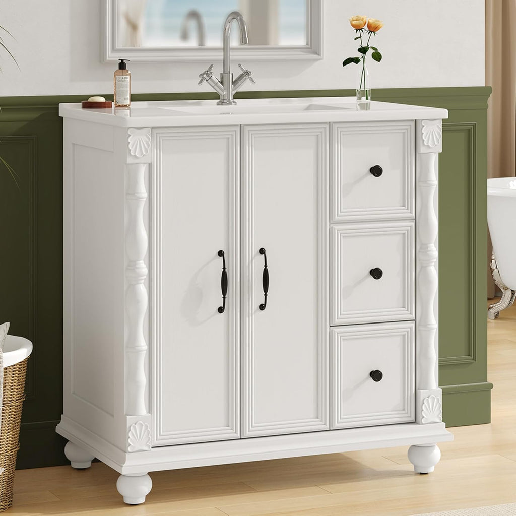 ONBRILL Bathroom Vanity with Sink Combo, Modern Bathroom Vanities with Adjustable Shelf, 4 Solid Legs, 2 Drawers, 2 Doors, Ceramic Integrated Sink, Freestanding Bath Storage Cabinet (32", White)