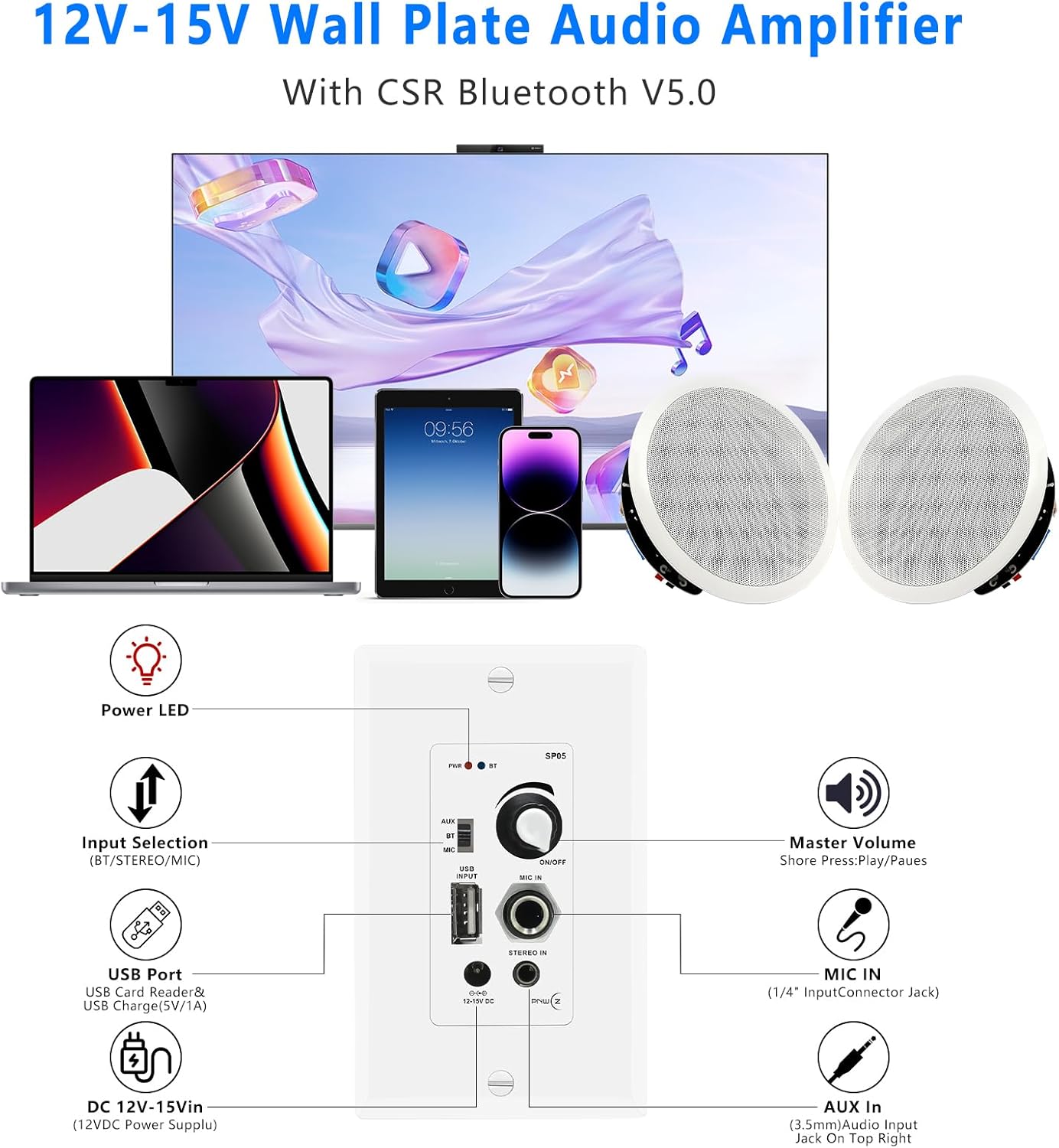 6.5'' Bluetooth in Ceiling Speakers with Wall Amplifier Receiver 600W Flush Mount Ceiling & in-Wall Speaker System for Home Theater Office Bathroom Living Room Kitchen(2Pairs)