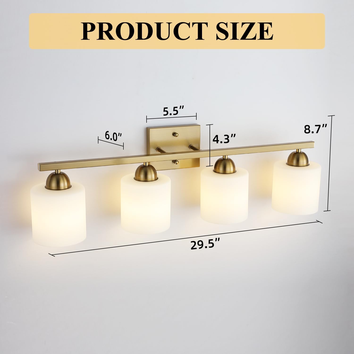 Mecgirn Stainless Steel Milk Glass Vanity Lights for Bathroom, 4 Light Gold Bathroom Light Fixtures Over Mirror, Ceramic E26 Sockets Wall Mounted